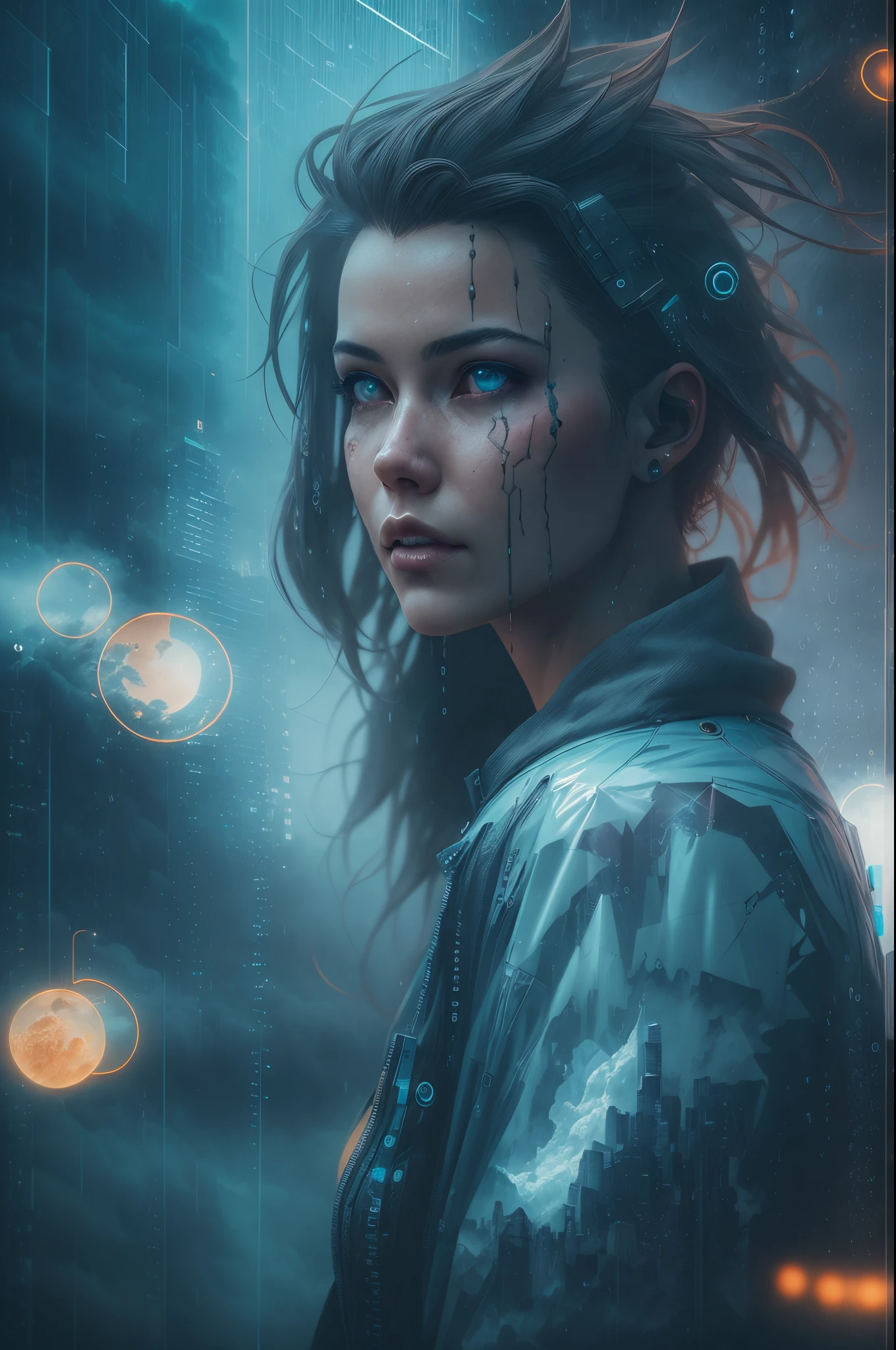 cyberpunk [foggy cityscape in the distance : very pretty girl, city:0.33] immersed in a giant flow of wind, living in a thunder cloud, behind the cloud, (double exposure:1.3), photo by Brandon Woelfelmist, surreal dream, gray atmosphere, rainy day, dynamic, lut, hdr