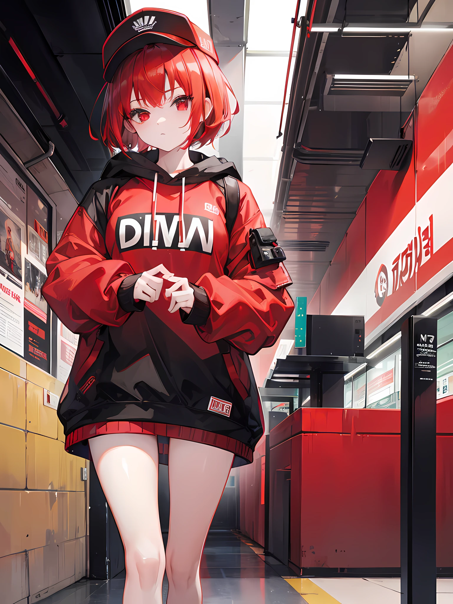 1 girl, short red hair, red eyes, wearing streetwear, subway, absurdres, high res, ultrasharp, 8k, masterpiece,