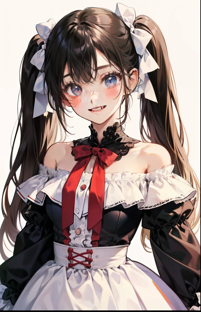 girl with、Background white、without background、A dark-haired、long double knot、Long twin tails、Contrasting bangs、Long Sleeve Off-Shoulder Dress、bow ribbon、with blush cheeks、Smiling、kawaii、without background