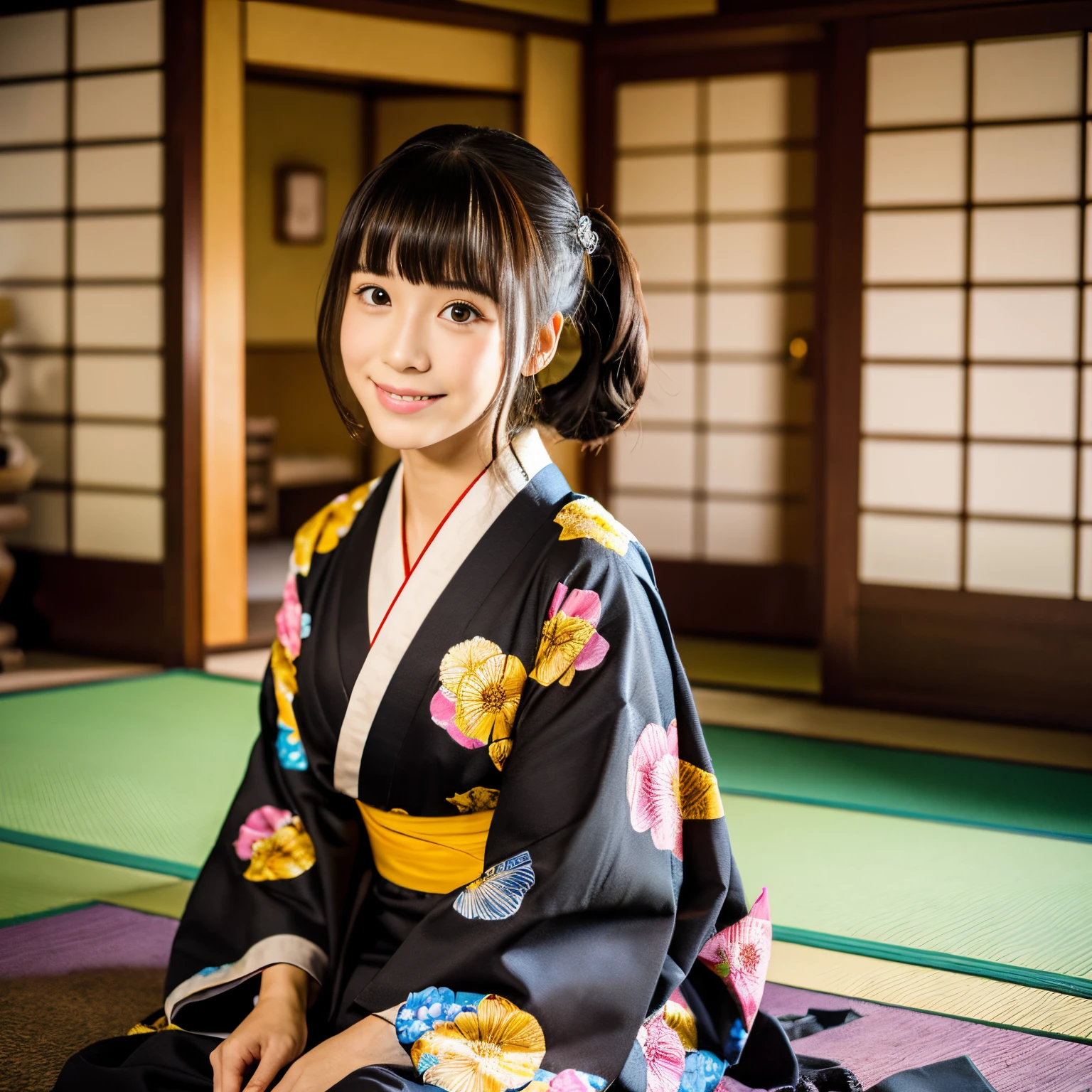 Best-quality, Masterpiece, Ultra-High-Resolution, (Photorealistic:1.4), Raw-Photo, Extremely-Details, Perfect-Anatomy, 1girl, 18-years-old, the most famous Japanese actress, in Japanese-style room, sitting SEIZA on TATAMI, wearing brightly colored KIMONO, detailed extremely cute face like a most popular Japanese actress, detailed extremely beautiful big black solid circle eyes, detailed extremely beautiful black short-cut-haired, detailed brightly colored KIMONO, detailed TATAMI, detailed Japanese-style room