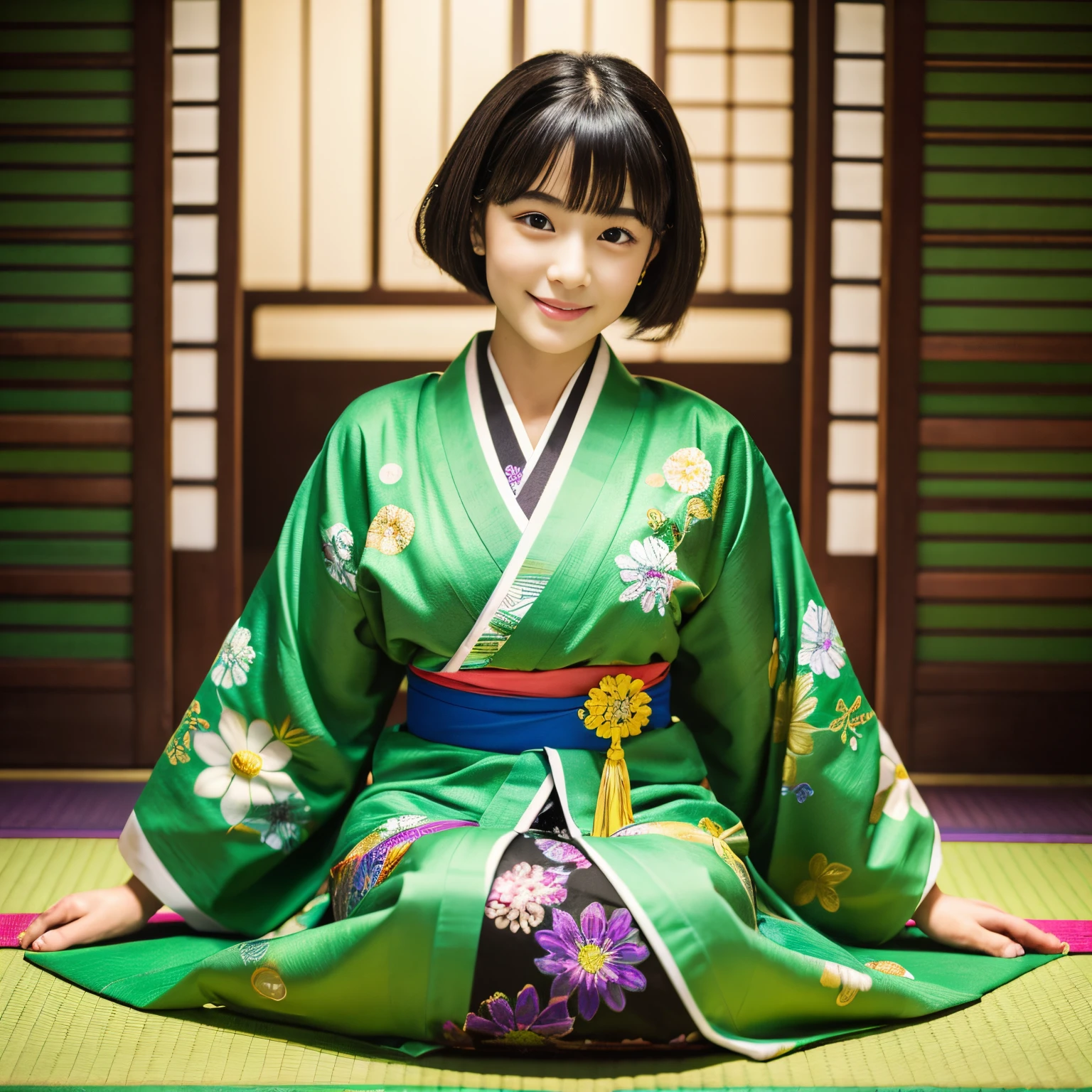 Best-quality, Masterpiece, Ultra-High-Resolution, (Photorealistic:1.4), Raw-Photo, Extremely-Details, Perfect-Anatomy, 1girl, 18-years-old, the most famous Japanese actress, in Japanese-style room, sitting SEIZA on green TATAMI, wearing brightly colored KIMONO, detailed extremely cute face like a most popular Japanese actress, detailed extremely beautiful big black solid circle eyes, detailed extremely beautiful black short-cut-haired, detailed brightly colored KIMONO, detailed green TATAMI, detailed Japanese-style room, detailed extremely beautiful realistic skins