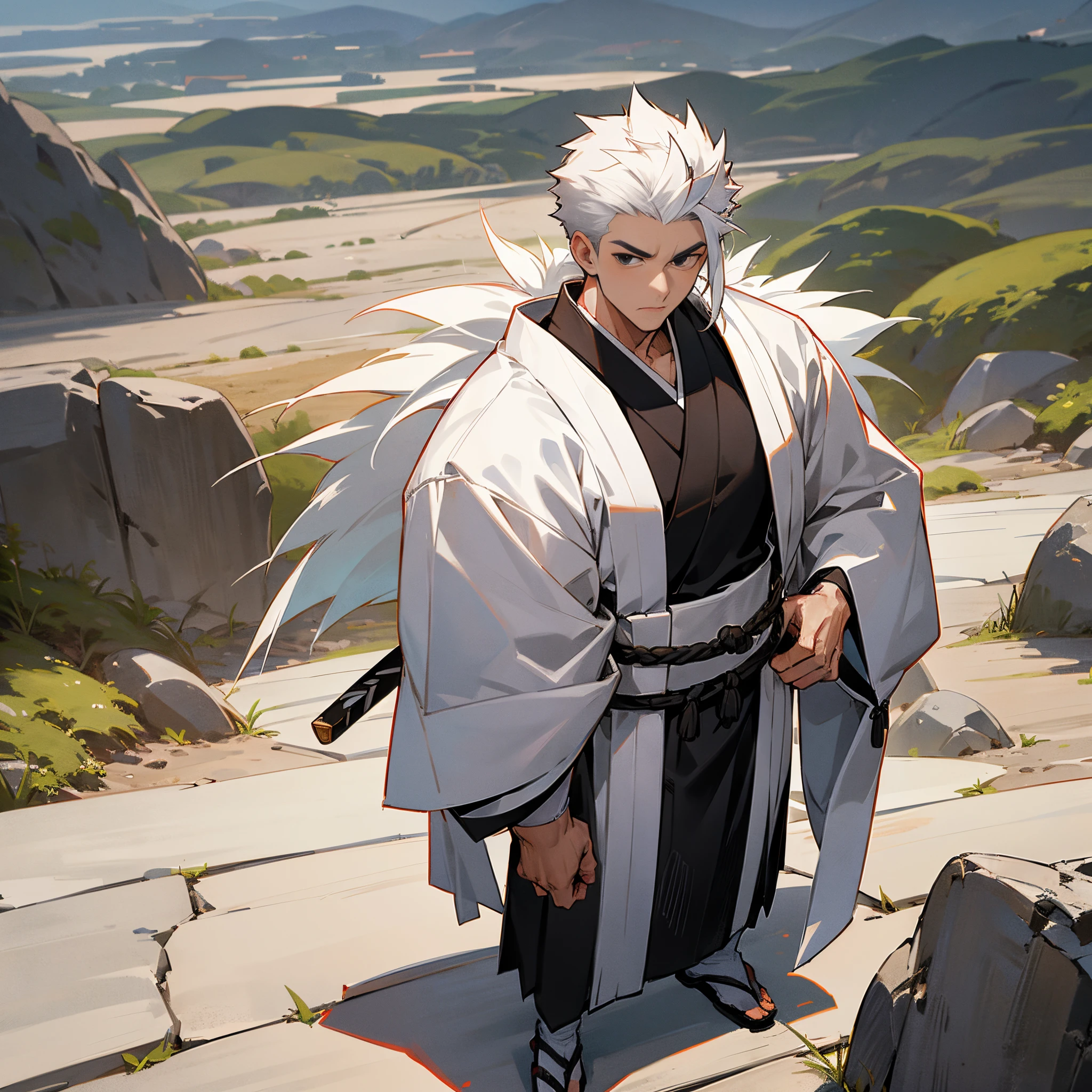 1male, adult, white spiky hair, muscular, black haori, black eyes, scar over nose, white yukata, standing on path, japanese village, serious, facing viewer