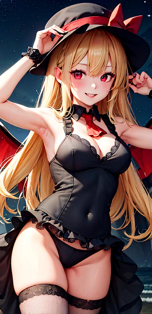 best quality, masterpiece, highres, solo, {night:1.10}, {starry sky:1.10}, beach, beautiful detailed sky, {extremely detailed background:1.20}, {flandre_scarlet_touhou:1.15}, {standing:1.10}, looking at viewer, {bikini:1.30}, blonde_hair, wings, red_eyes, crystal, bangs, hat, one_side_up, ribbon, mob_cap, bow, blush, smile, vest, white_headwear, red_vest, ascot, hair_between_eyes, red_bow, red_ribbon, upper_body, hat_ribbon, yellow_ascot, short_hair, light smile, huge breasts, cleavage, fishnet, goth, black lipstick, fishnet dress, fishnet pantyhose, evil, muscular arms, muscular midriff, abs, muscular thighs, sixpack