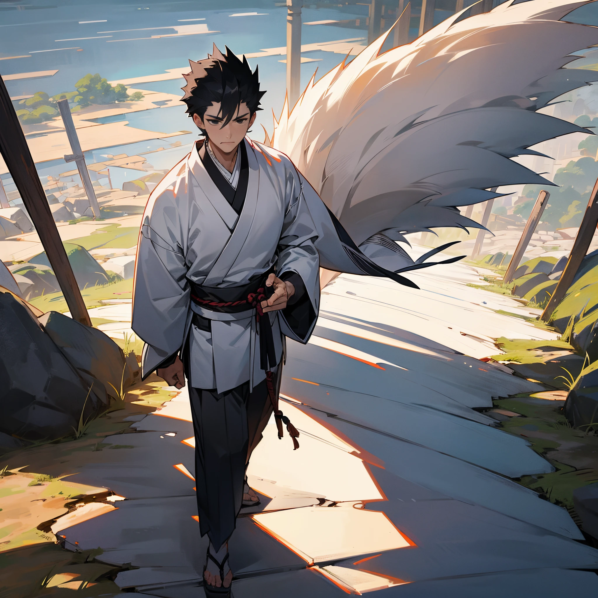 1male, adult, white spiky hair, muscular, black haori, black eyes, scar over nose, white yukata, standing on path, japanese village, serious, facing viewer