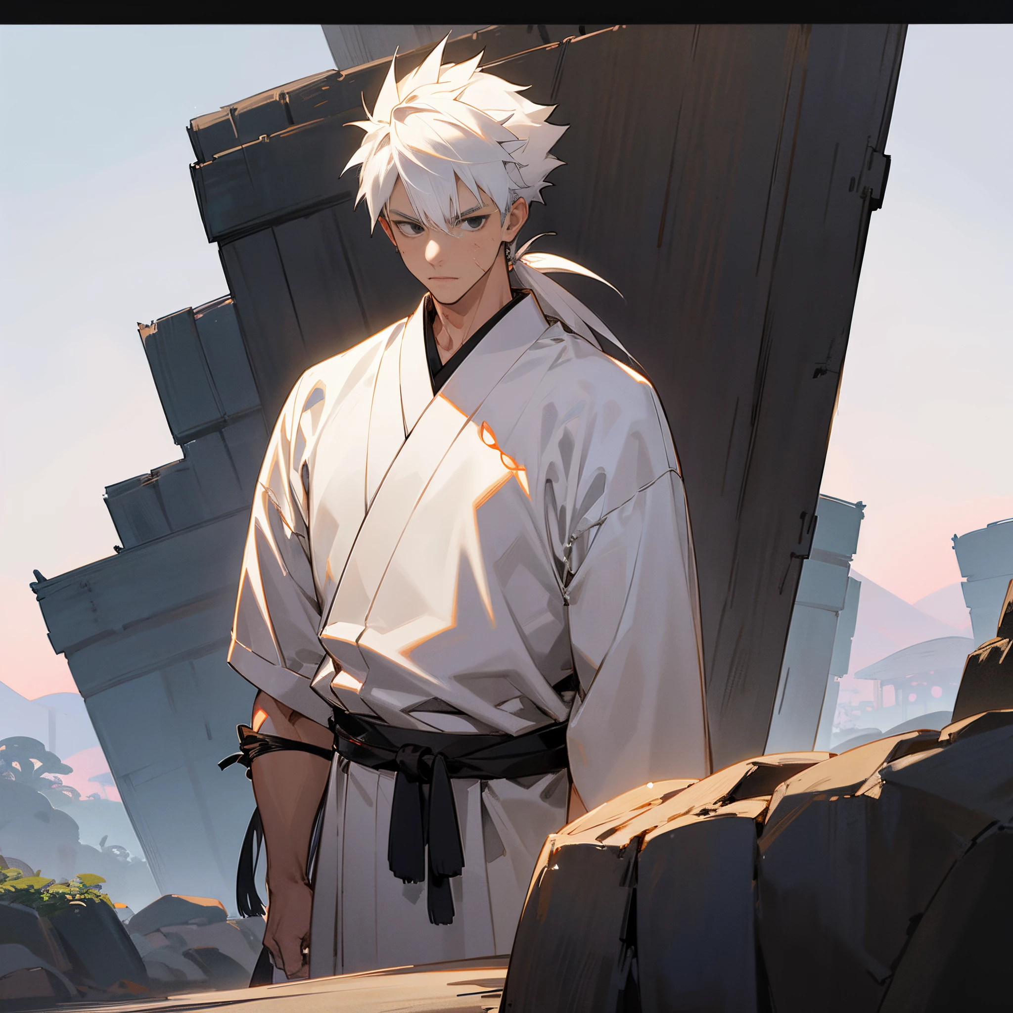 1male, adult, white spiky hair, muscular, black haori, black eyes, scar over nose, white yukata, standing on path, japanese village, serious, facing viewer