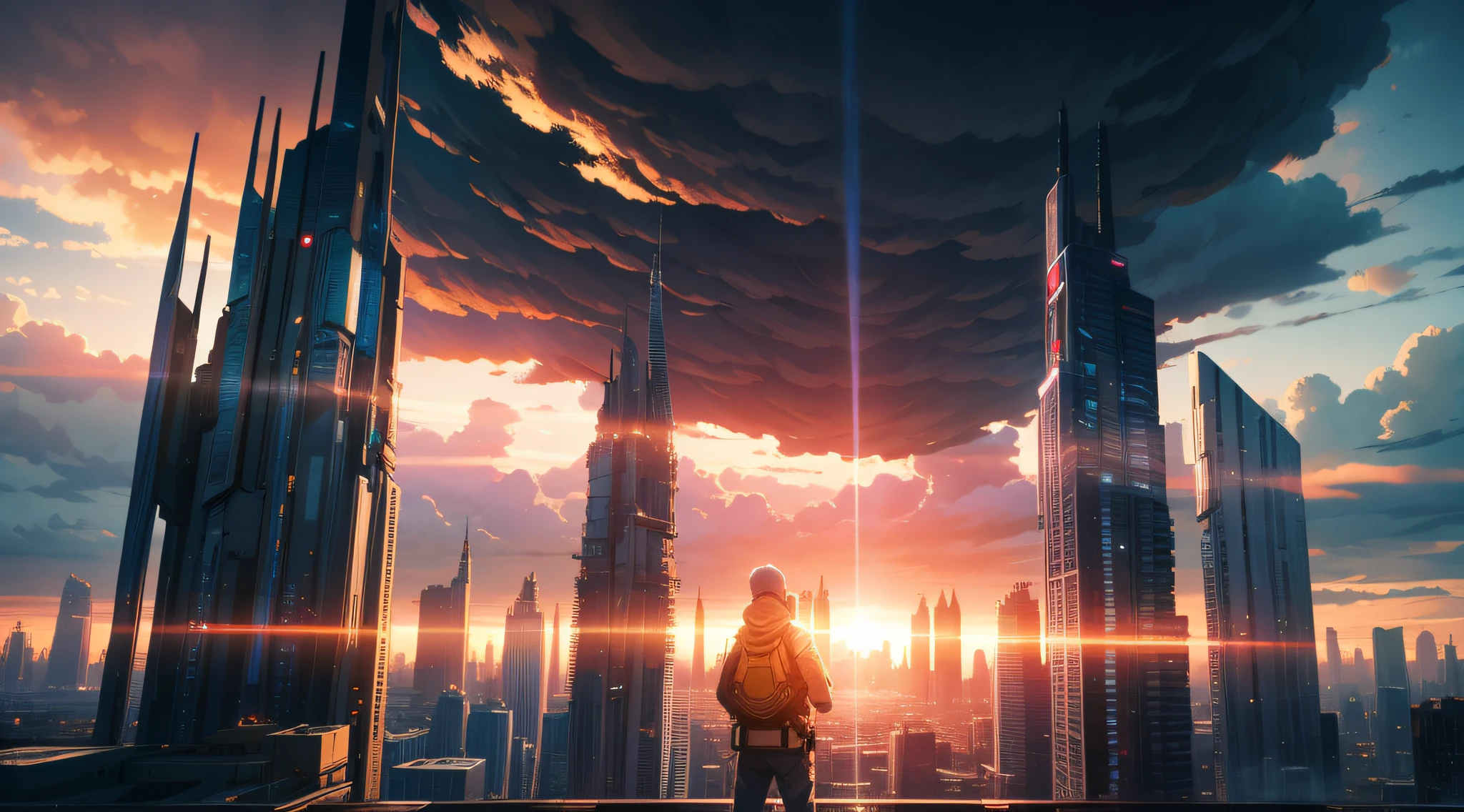 scifi city surrounded by storm clouds at sunset (retrotide:1)