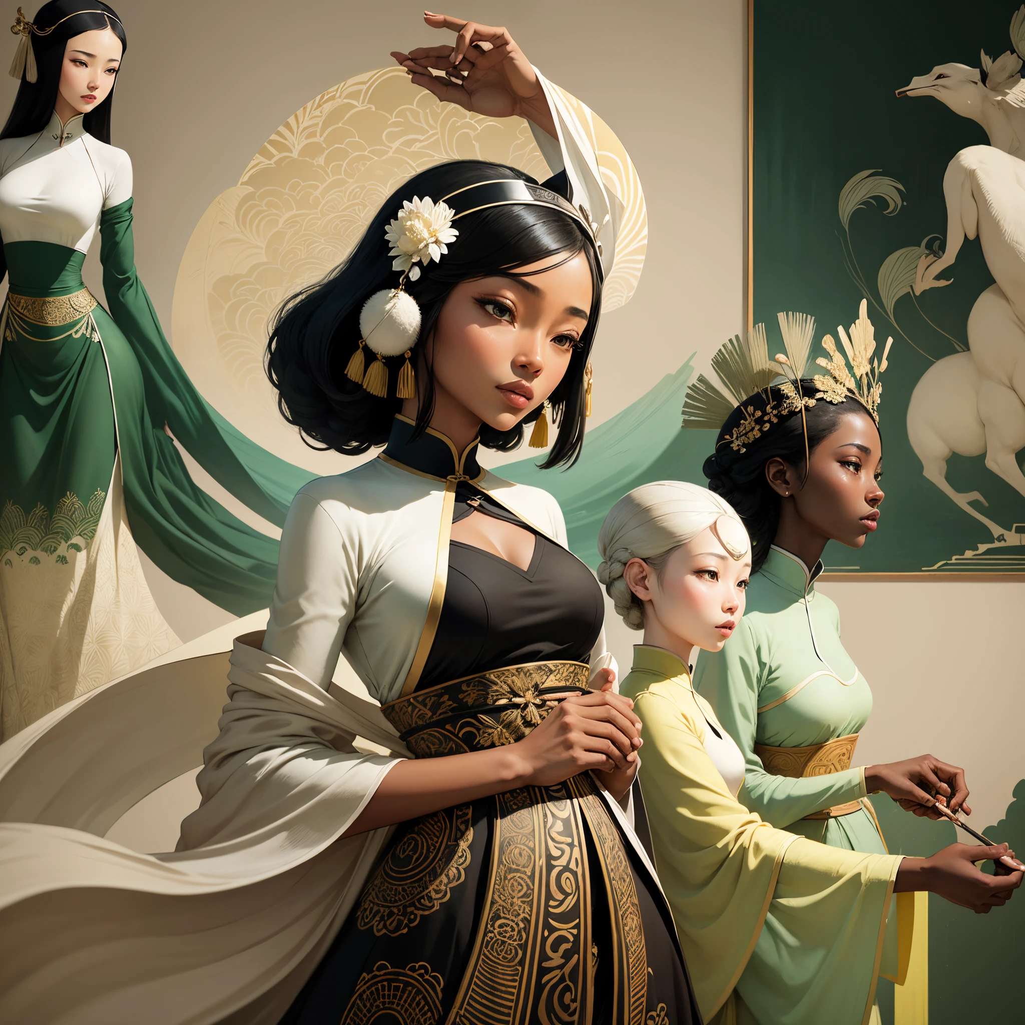 Minimalist Song dynasty mural by Alessandro Gottardo, Dream of wildlife and nature blended with beautiful black woman dressed in African designed clothes, majestic view filled with warmth and happiness, Zen, green and light beige style, enigmatic figures, Fine brushwork style, new Chinese style, aesthetic conception, Eastern aesthetics, landscape painting in a museum of mirrors, --auto --s2