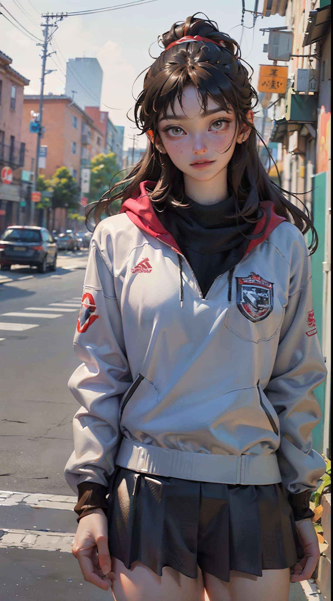 (Full body like：1.2）,（ long leges, Height 170 cm), (Best quality at best, 4K, 8K, A high resolution, tmasterpiece:1.2), ultra - detailed, (actual, realistically, realistically:1.37), moody gestures, western metal, Moderate chest size, Happy expression, Sports student uniform with sneakers