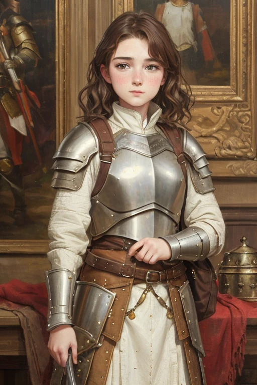 Beautiful teenage girl, short wavy brown hair, rough pale skin, freckles. Goddess, padded armor, cloth armor, baggy shirt, baggy jacket, gambeson, quilted armor, blushing, best quality, oil painting, painting, classical painting