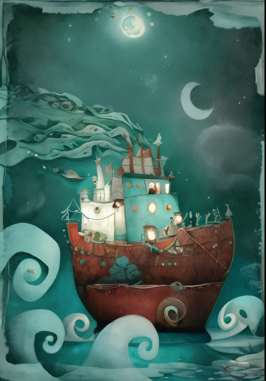 there is a ship that is floating on the water with a moon, Estilo Alexander Jansson, inspirado em Alexander Jansson, a beautiful artwork illustration, illutstration, storybook illustation, ilustrador olho de peixe luz da lua, arte de cartaz imaginativa requintada, Directed by: Alexander Jansson, inspirado em Anna e Elena Balbusso, dreamy illustration, storybook illustration