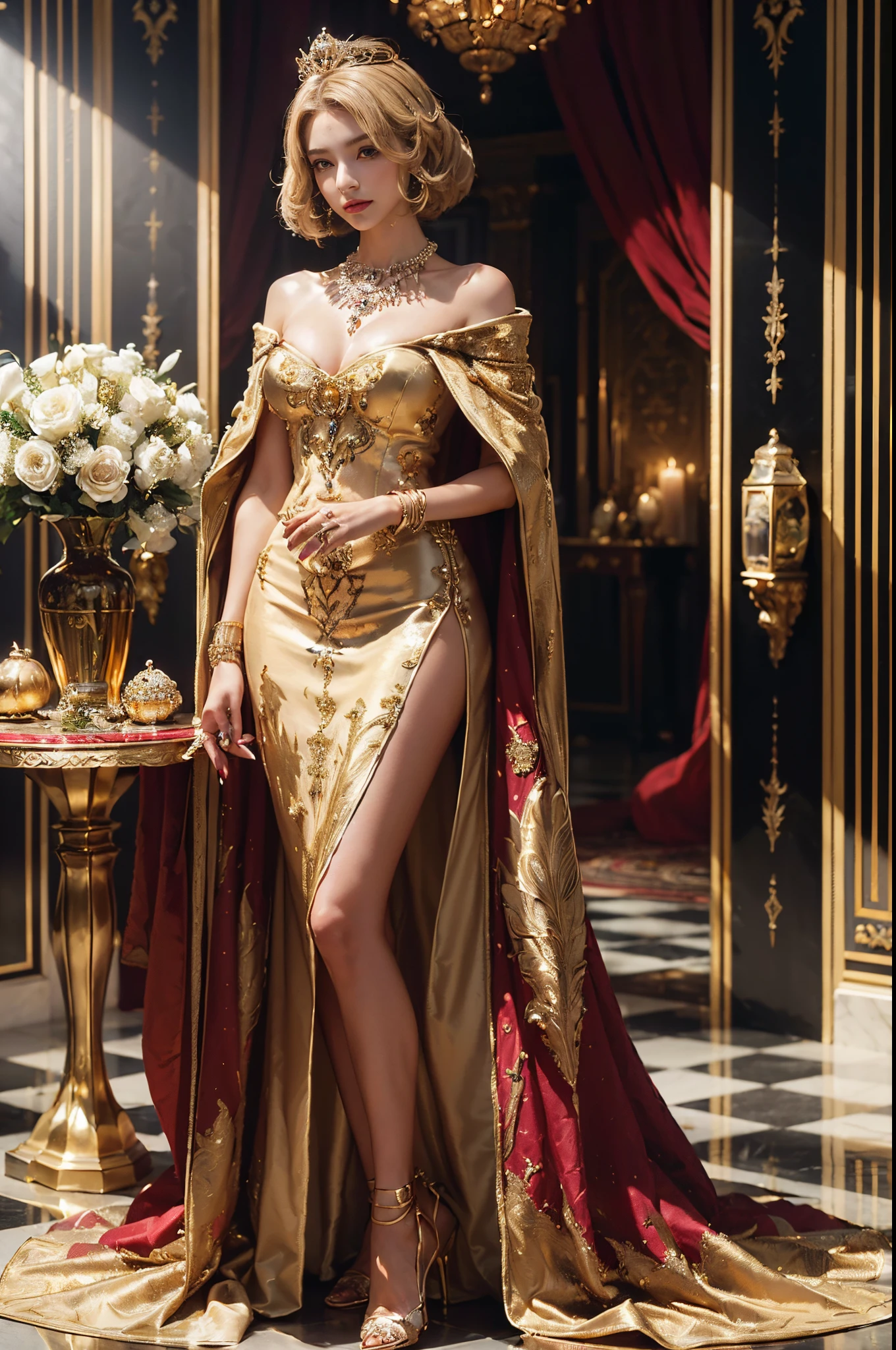 (beautifull queen, medium bob hair, stand at King's hall, (luxury crown), (luxury cloak), wear (detailed luxurious hairpin), (detail luxury queen's gown), (luxury high heels), (detailed ornament), (detail accecories), expensive detailed necklace, golden flower vase on luxury table, luxury parfume bottle, luxury wall ornament, luxury window with golden frame, luxury kings hall, detail luxury golden lamp, luxury candle, beautifull face, pretty face, beautifull eyes, beautifull nose, raytracing, beautifull fingers, beautifull hands, (luxury arm ornament), (luxury bracelet), (luxury ring), (luxury necklace), (4 fingers in 1 hand), full body picture, pretty makeup, perfect anatomy, good lighting, professional photoshoot