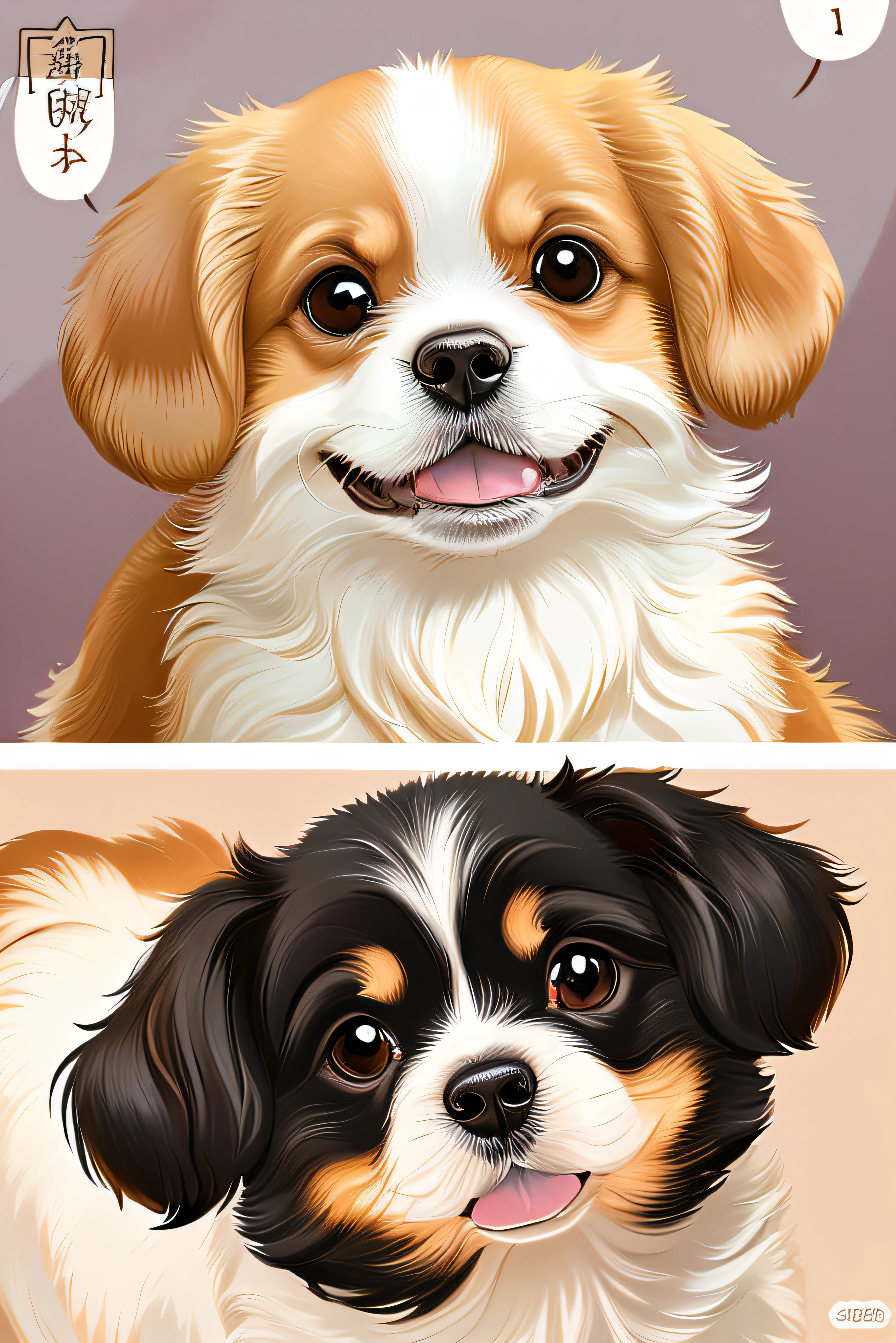 「in very high resolution、Please draw an illustration of a cute dog with clear details。dogs are adorable、It is characterized by big eyes and fluffy fur.。Incorporate elegant poses and expressions、Brighten backgrounds、Make it a cute atmosphere。」