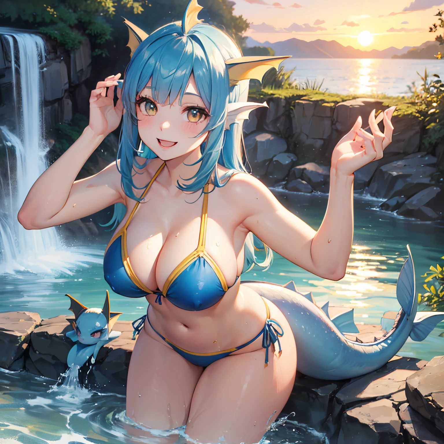 Pokemon girl, (((solo))), (vaporeon), (long blue hair), yellow eyes, (beautiful hands), ((curvy)), ((mature face)), (near a waterfall), (sunset), ((wearing a two piece blue bikini)), (bangs), (various poses), ((vaporeon girl)), splashes of water, playing in the water, ((vaporeon tail)), ((smiling))