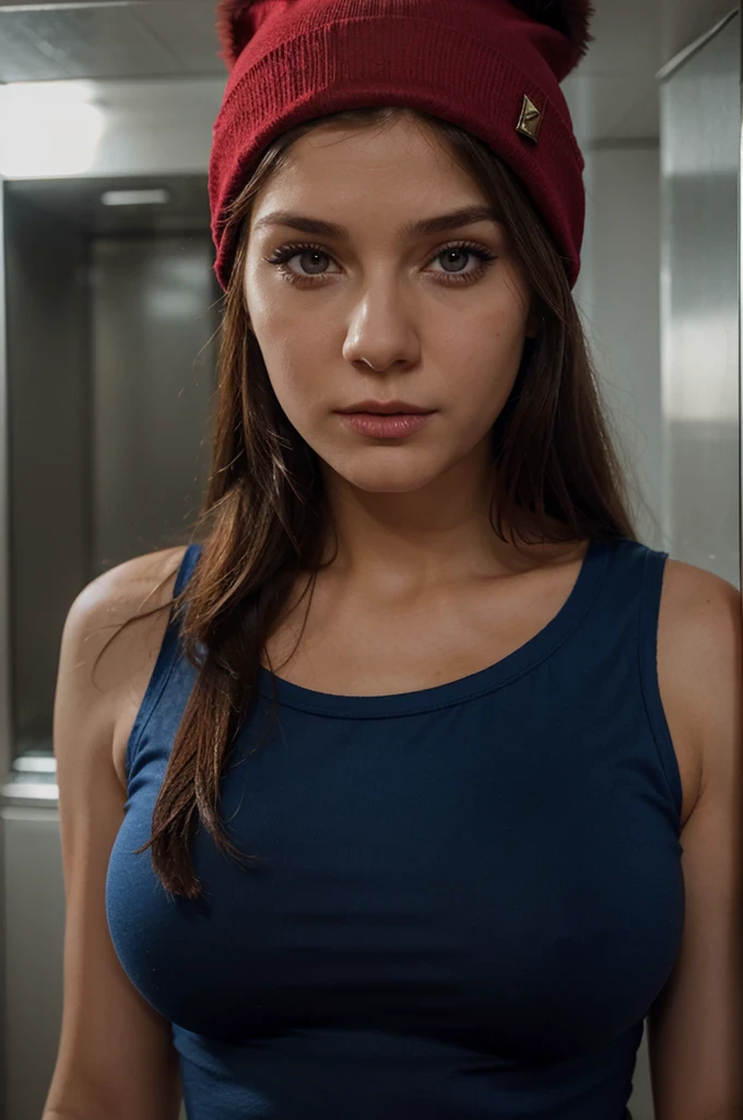 Young slavic girl, in elevator, blue and long sleeveles shirt, heavy makeup, eyeliner, medium length brown hair, large breasts, cleavage, red beanie, bitchy face, in room, close up on face and chest