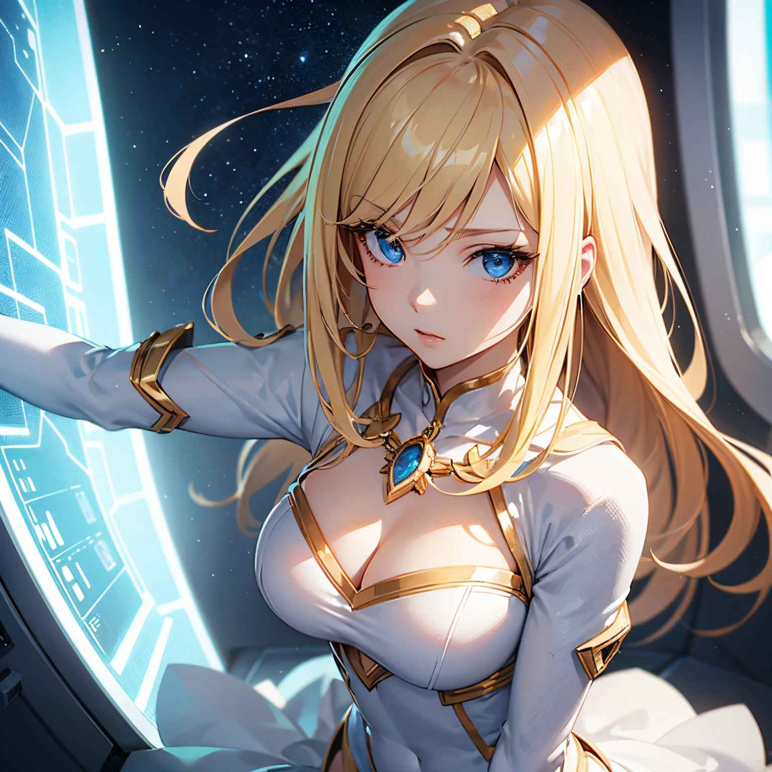 (Blonde anime girl, aesthetic body, Narrow blue eyes, White costume with blue details, in spacecraft, Gold necklace included) Best Quality, Ultra-detailed, Realistic, Concept art, Vibrant colors, Soft lighting