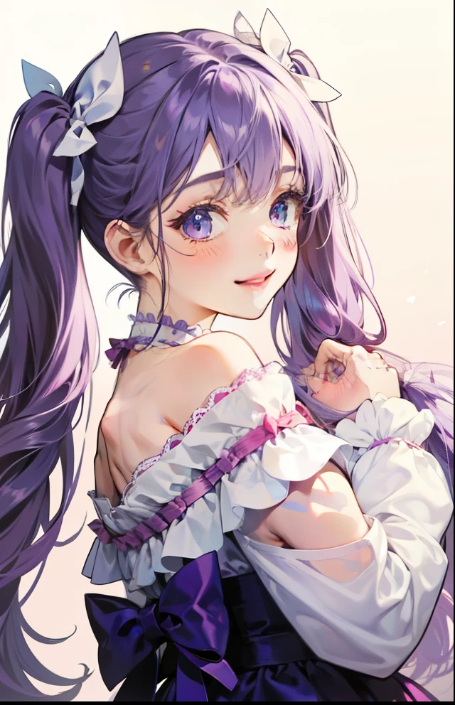 girl with、Background white、without background、Purple hair、long double knot、Long twin tails、Contrasting bangs、Long Sleeve Off-Shoulder Dress、bow ribbon、with blush cheeks、Smiling、kawaii、without background