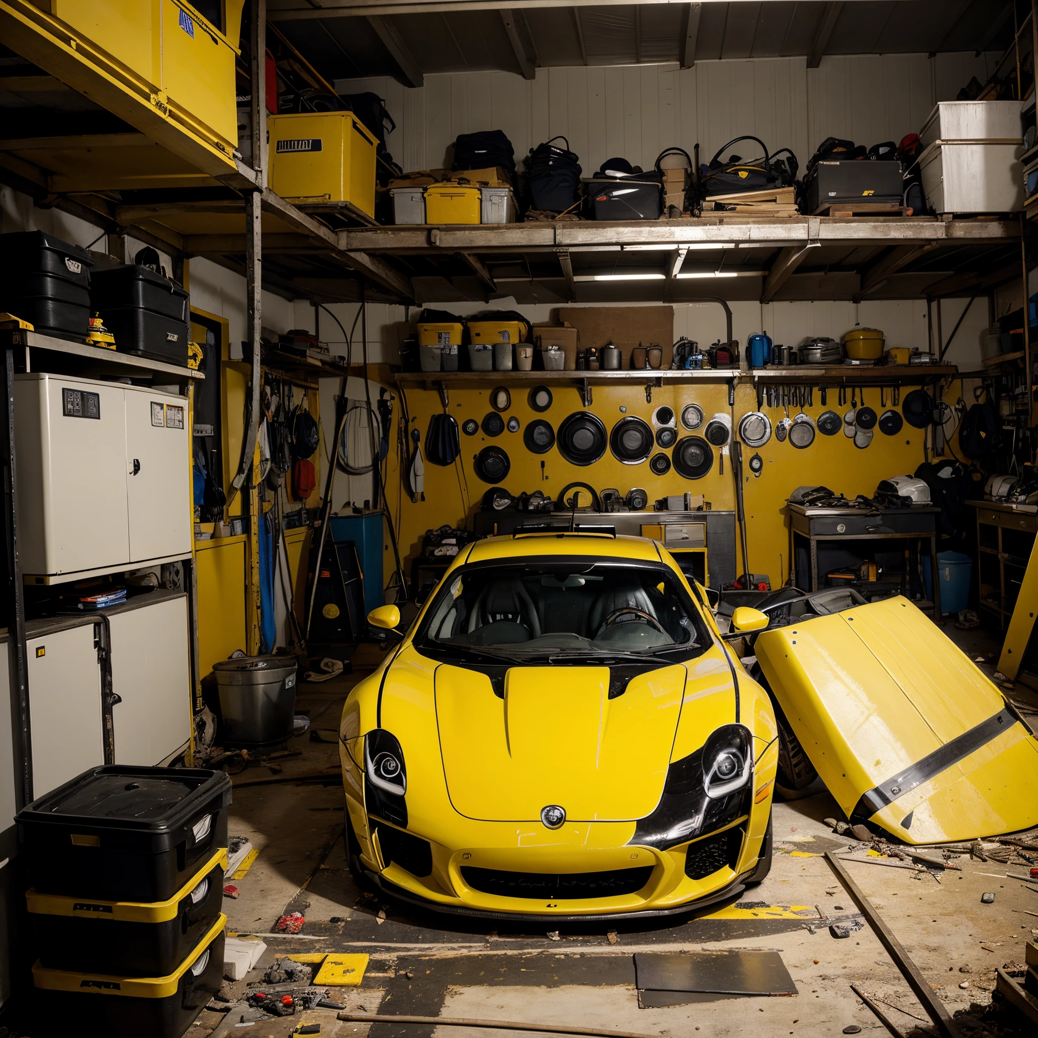 Imagem ultrarrealista, Jaguar Black and yellow sports car inside a messy workshop.