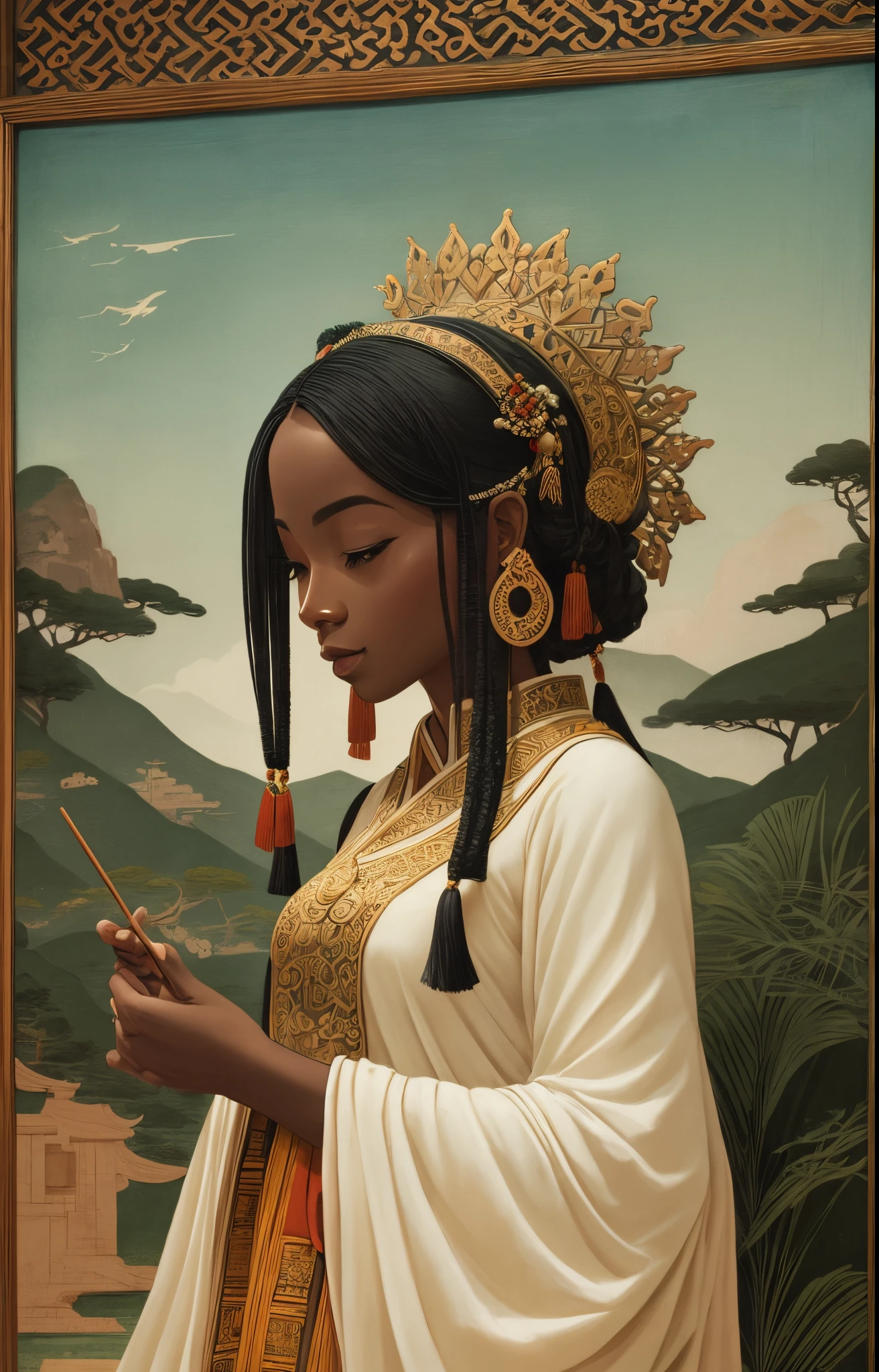 Minimalist Song dynasty mural by Alessandro Gottardo, Dream of wildlife and nature blended with beautiful black woman dressed in African designed clothes,  majestic view filled with warmth and happiness, Zen, green and light beige style, enigmatic figures, Fine brushwork style, new Chinese style, aesthetic conception, Eastern aesthetics, landscape painting in a museum of mirrors, --auto --s2