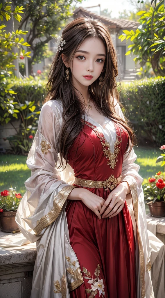 Wearing a bright red dress,Bring out her fair complexion, Standing gracefully in front of a flowery garden,Front Shooting, Double exposure effect creates an ethereal atmosphere,bathed in the warm glow of the sun. The garden was full of colorful flowers, Including roses, tulips, and daisies, Create a picturesque background. girl surrounded by breeze, Let her hair flow gracefully. As she gazes into the distance,Her eyes are full of curiosity and innocence, hinting at her charming smile, There's a story behind this. Portraits are created with oil paints, Give it a rich and timeless feeling. vibrant with colors、with dynamism, Focus on warm colors,Create a feeling of warmth and well-being. The lighting is soft and natural, Gives girls a soft glow;s face, exquisite detailing,Enhance her facial features,Create a sense of depth. The overall quality of the artwork is of the highest standard, Every stroke reveals the artist's style'styled'Stylized'Stylized'talent;talent;Skills and attention to detail. The degree of reality is shocking, Make your portrait come to life, Evoke a connection with the audience. This masterpiece captures the beauty and essence of the girl, provides a timeless and captivating manifestation of her existence.