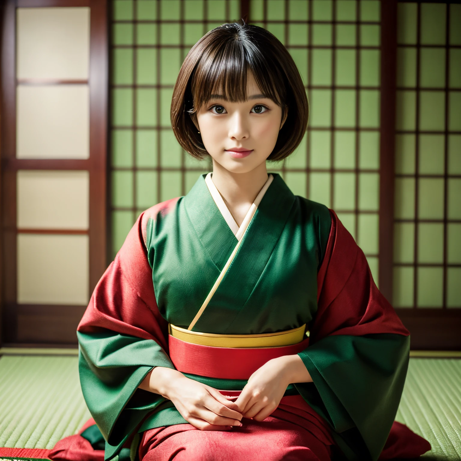 Best-quality, Masterpiece, Ultra-High-Resolution, (Photorealistic:1.4), Raw-Photo, Extremely-Details, Perfect-Anatomy, 1girl, 18-years-old, the most famous Japanese actress, in Japanese-style room, ((sitting SEIZA on green TATAMI, wearing luxurious bright-red KIMONO)), detailed extremely cute face like a most popular Japanese actress, detailed extremely beautiful big black solid circle eyes, detailed extremely beautiful black short-cut-haired, detailed luxurious bright-colored KIMONO, detailed green TATAMI, detailed Japanese-style room, detailed extremely beautiful realistic skins