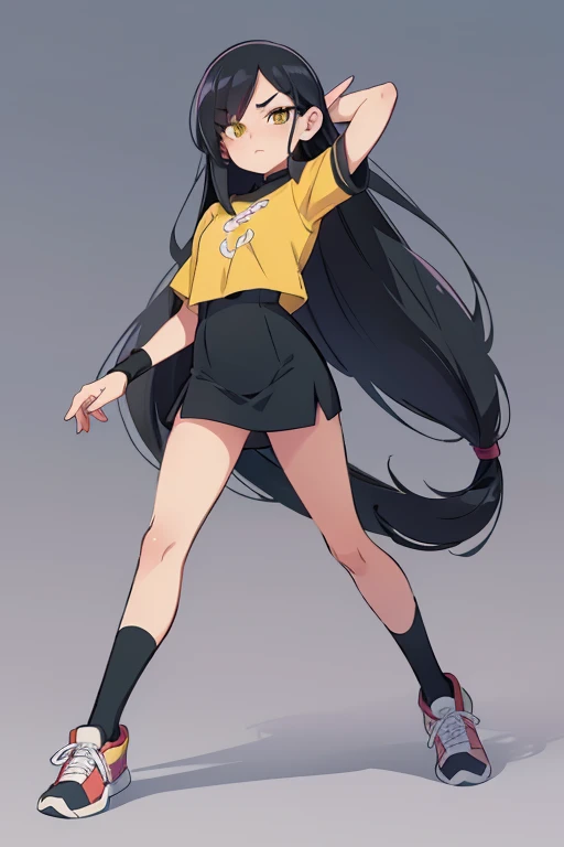 20 year old woman, entrenadora pokemon tipo hada, two ponytails,long hair, hair black and orange color,tsundere expretion, full body
