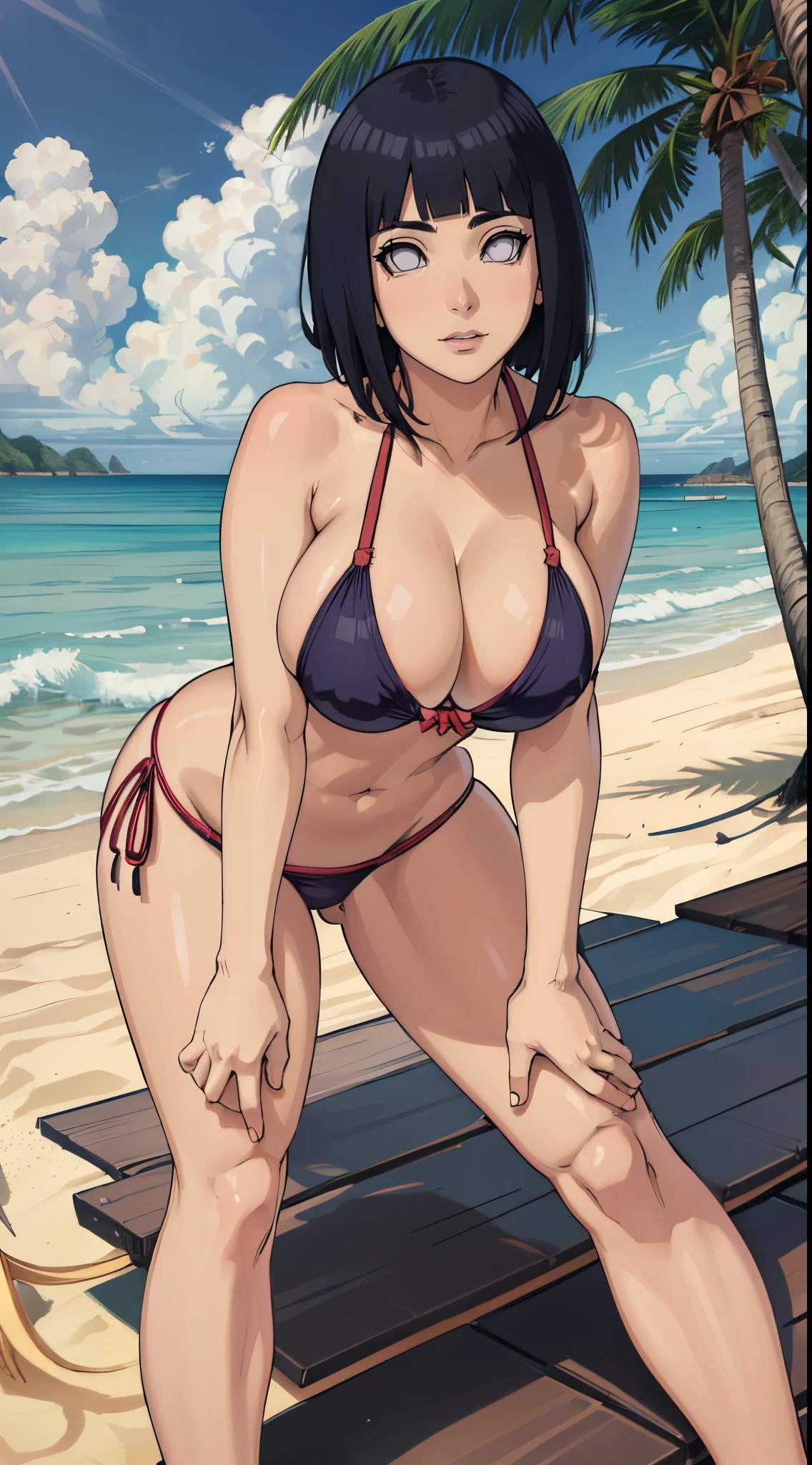 (best quality:1.3), hinata hyuga, busty, cleavage, seductive, sexy, curvy body, big ass, big boobs,((thong bikini)), ((leaning forward)), ((beach))