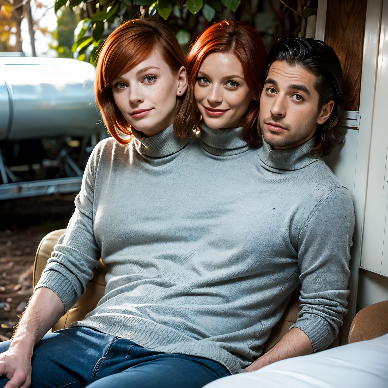 ((((2heads)))), husband and wife side by side, wearing a red white and blue stretchy low-cut turtleneck knit sweater,  backyard of an American trailer park in the fall, red hair, freckles