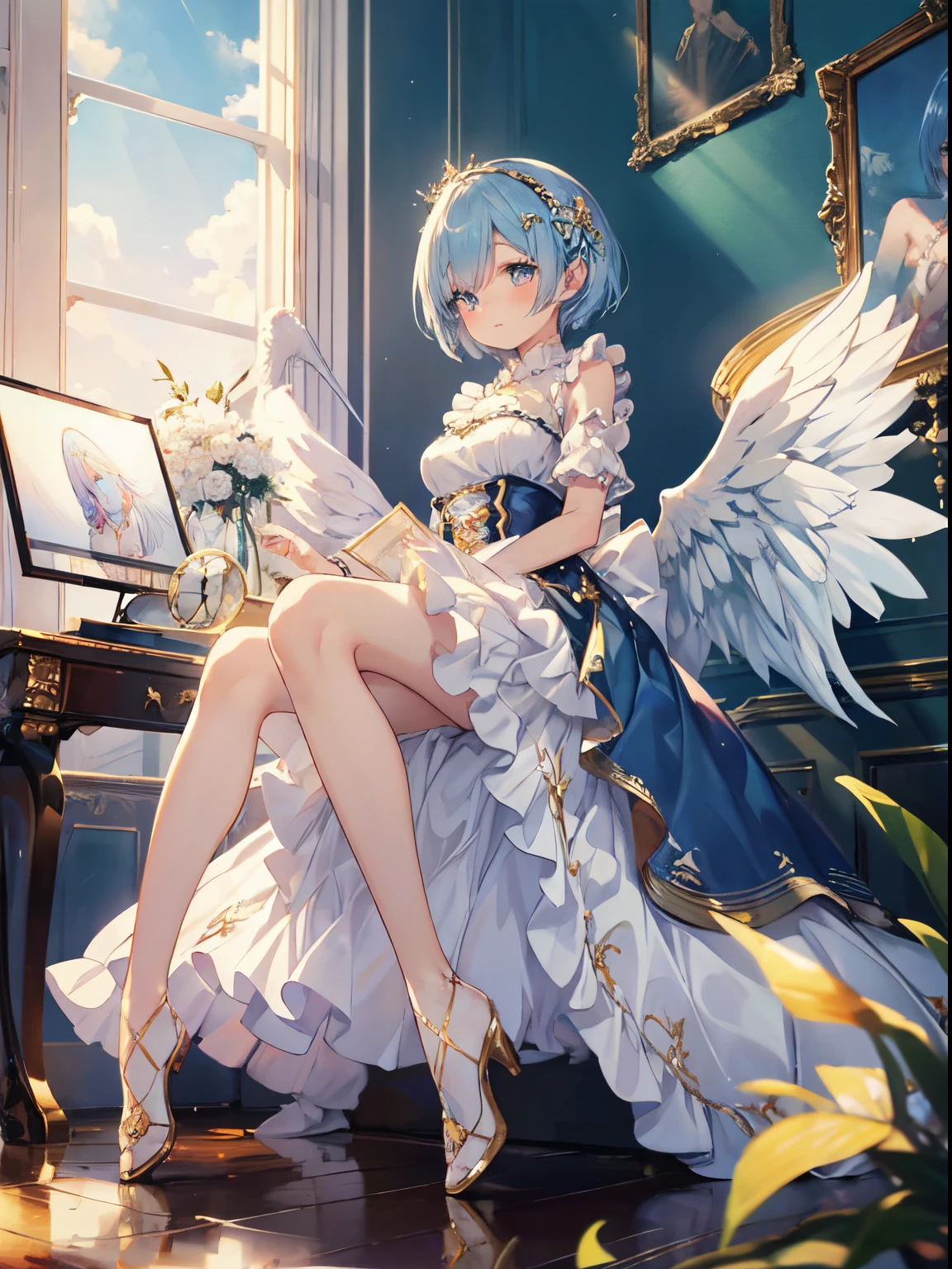 photoRealstic、Drawing of a little girl with a cup of coffee and angel wings、Beautiful Angel Girl、Close one eye、Rococo Room、Angel girl drinking coffee in luxurious room