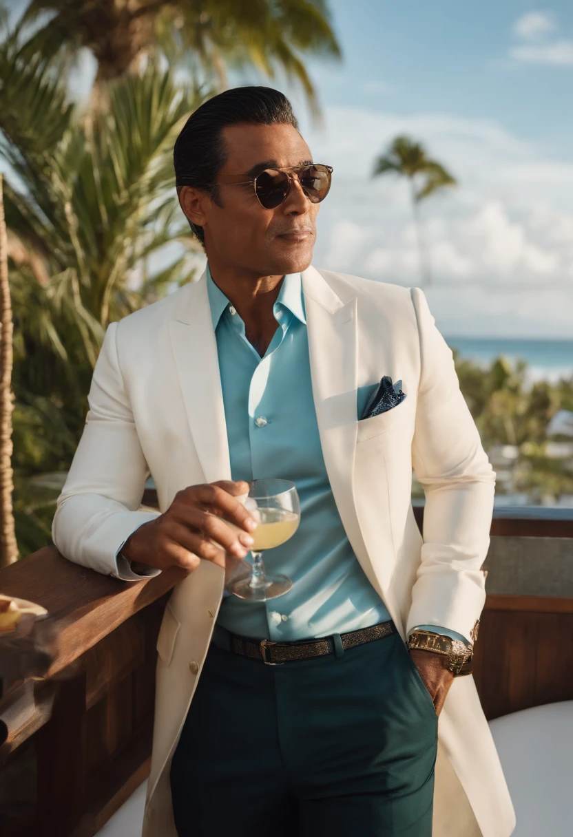 A close-up shot of Armond sipping a cocktail at a trendy rooftop bar.,original,Armond, a character from the TV series “The White Lotus,” is portrayed as a suave and sophisticated resort manager, with a meticulously groomed appearance, often seen in his crisp, professional uniform that adds to his air of authority and composure. His sharp, angular features and intense gaze give him a charismatic yet somewhat inscrutable presence, perfectly fitting his role in the luxurious resort setting. He works at the White Lotus resort in Hawaii.