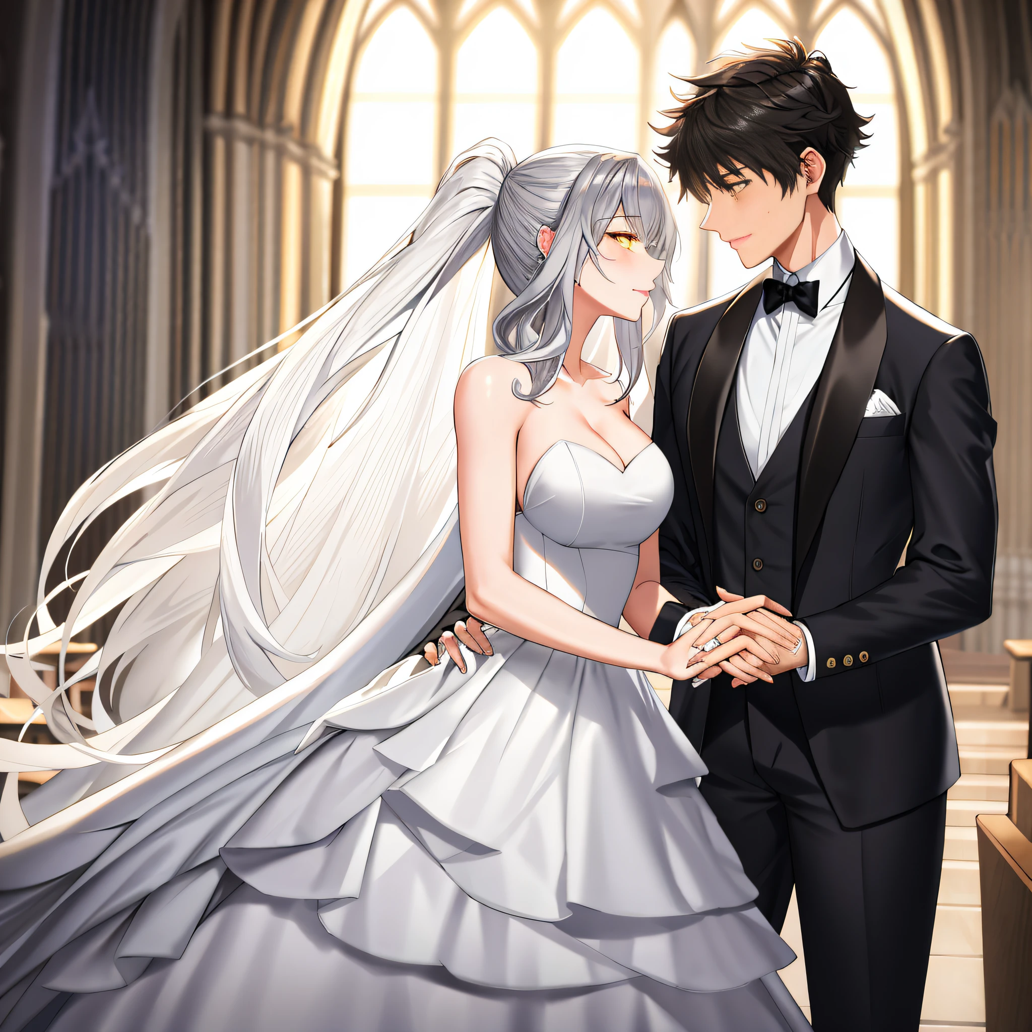 masterpiece, Best quality, masterpiece, Best quality, masterpiece, Best quality, masterpiece, Best quality, high quality, High detail, Ultra detail, HD, 4k, 4280x2240, depth field, (HDR:1.9), Correct anatomy, a masculine boy with short hair black hair abundant brown eyes with full wedding suit from groom to gentleman's suit and Palto flu pants and a girl with very long hair messy hair curly hair wavy hair (((silver hair))) high ponytail with yellow eyes in wedding dress, Dream wedding dress. love. Hand in hand looking at the New Year's sunset sunrise while kissing at church wedding with wedding rings on boy finger and wedding rings on girl finger and smiles, detail, ultra-detail, correct_position, correct_texture, correct_colors, correct_shading, correct_cgi, correct_body, correct_anatomy, correct_proportion, (correct_complete_body)