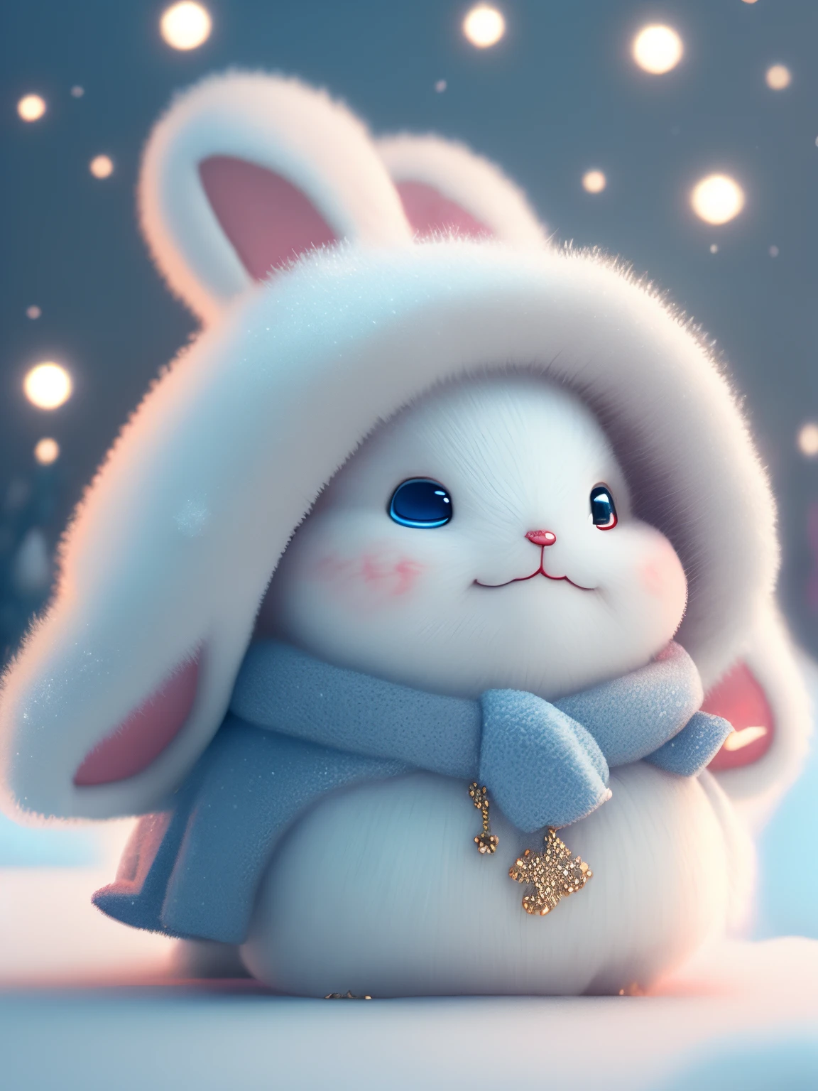 A winter in a pity，drifting snow，A super cute Pixar style white rabbit，Fluffy snow-white fur，One ear pulls，big bright eyes，Fluffy tail，Wear a brown sweater，Wearing a red hat，Smiling，Exquisite and lovely，Fairytale scene，Extremely high detail，pixar-style，bubbles floating，Bright colors，Natural light，Simple solid color background，Cinematic shots，8K HD realistic effect，Mobile photography trends，Gorgeous，Ultra-wide-angle display，Gorgeous details，8K Ultra HD texture。