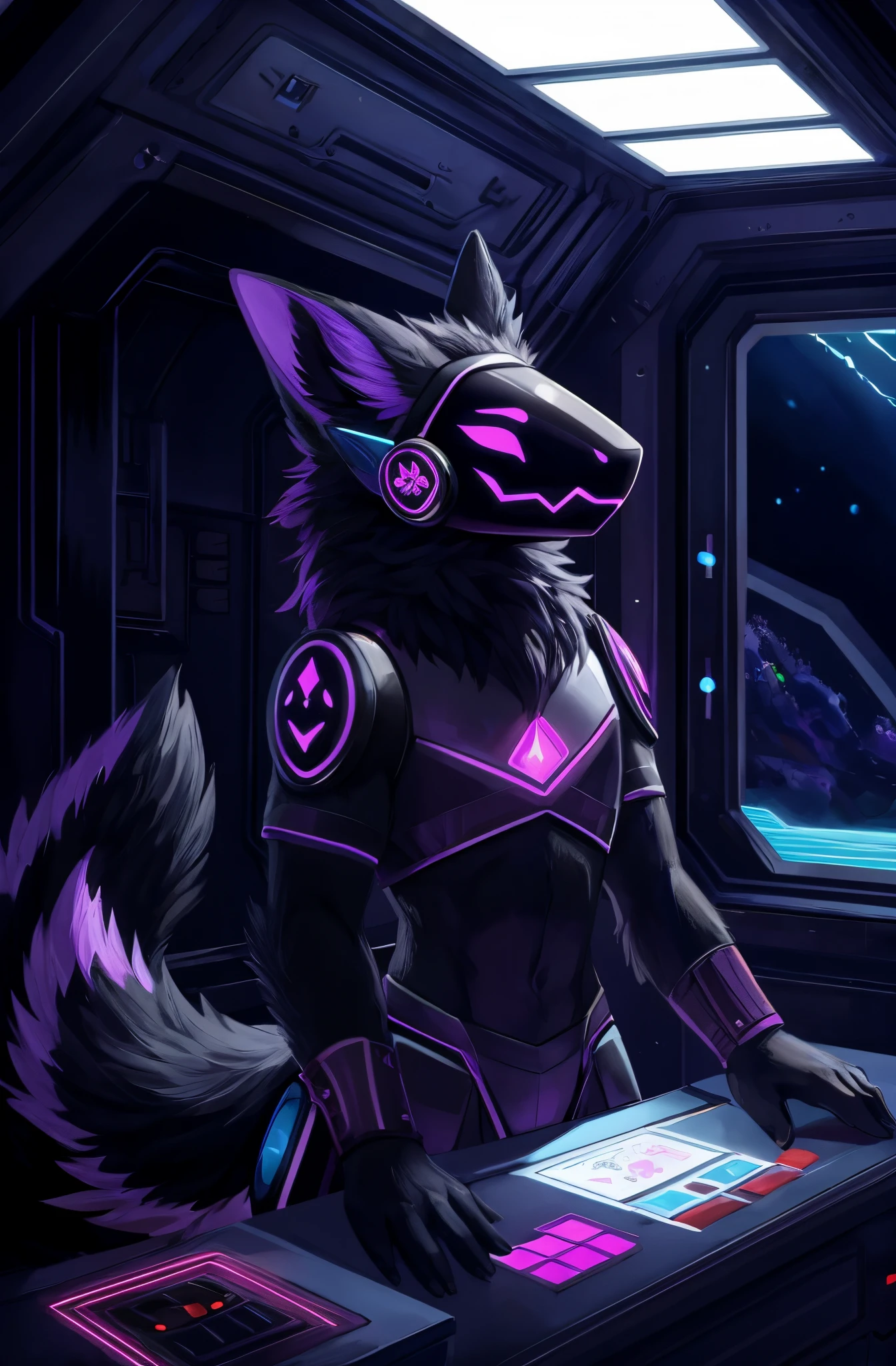 Protogen, furry art, masterpiece, great anatomy, black fur, neon purple details, detailed background, fluffy tail, male, wearing a black captain outfit, solo, submarine, control panels, dark cabin, detailed illumination, no windows, very little light, power outage, lights off, darkness.