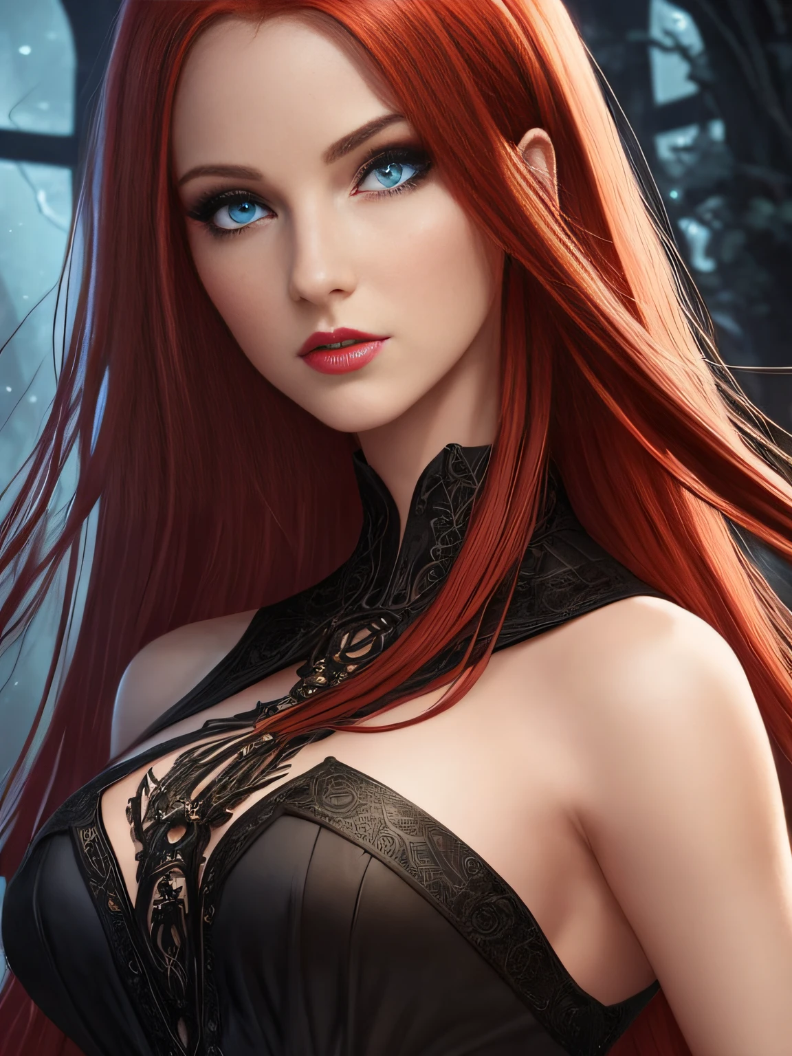 1girl, (witchcore, witchcraft, pagan, mystical, nature, occult), close up, beautiful, sophisticated 30-year-old redhead enchantress, hourglass figure, small breasts, silky black dress (bare shoulders), symmetrical, highly detailed face, long flowing hair, mesmerizing blue eyes, lush red lips, enticing, alluring, facing viewer, looking at viewer, Artgerm, real, high detail, best quality