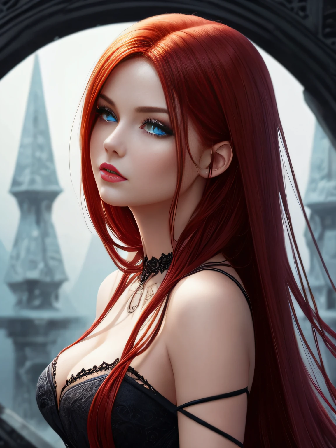 1girl, (witchcore, witchcraft, pagan, mystical, nature, occult), close up, beautiful, sophisticated 30-year-old redhead enchantress, hourglass figure, small breasts, silky black dress (bare shoulders), symmetrical, highly detailed face, long flowing hair, mesmerizing blue eyes, lush red lips, enticing, alluring, facing viewer, looking at viewer, Artgerm, real, high detail, best quality