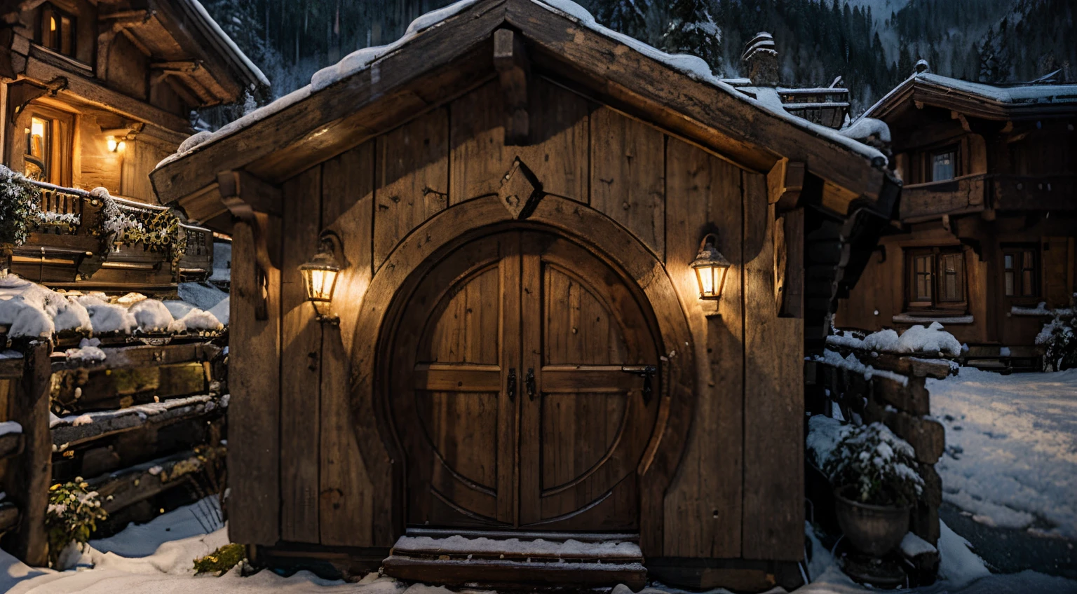 a hobbit house in the middle of swiss alps, at rainy night, hobbit doors, hobbit windows