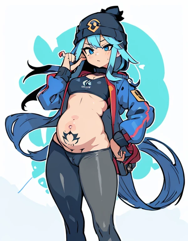 (4k, masterpiece:1.2, best quality), (graffiti wall:1.15), 1lady, beanie, jacket, Leggings, blue eyes, fullbody, pregnant in underbelly, outie belly button, pussy peek, lowleg leggings, hips out,  diamond shaped danger symbol tattoo on belly, obvious cleft of venus