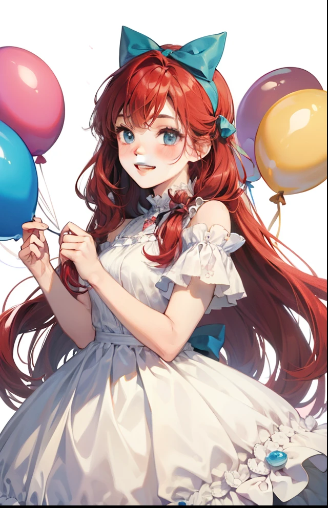 girl with、Background white、without background、Red hair、The long-haired、Contrasting bangs、White dress、bow ribbon、Have a balloon、Colorful balloons、with blush cheeks、Smiling、kawaii、without background