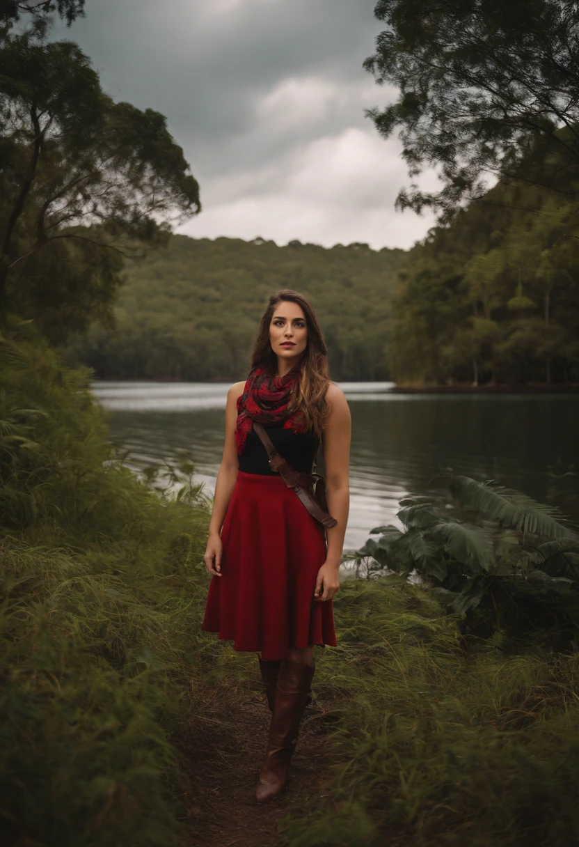 mulher com uniforme de marinheiro em frente a uma floresta, Retrato no meio da foto, retrato frontal, menina de cabelo preto, retrato detalhada, menina vestindo roupa da marinha, red scarf, estilo pixar, melhor qualidade,
