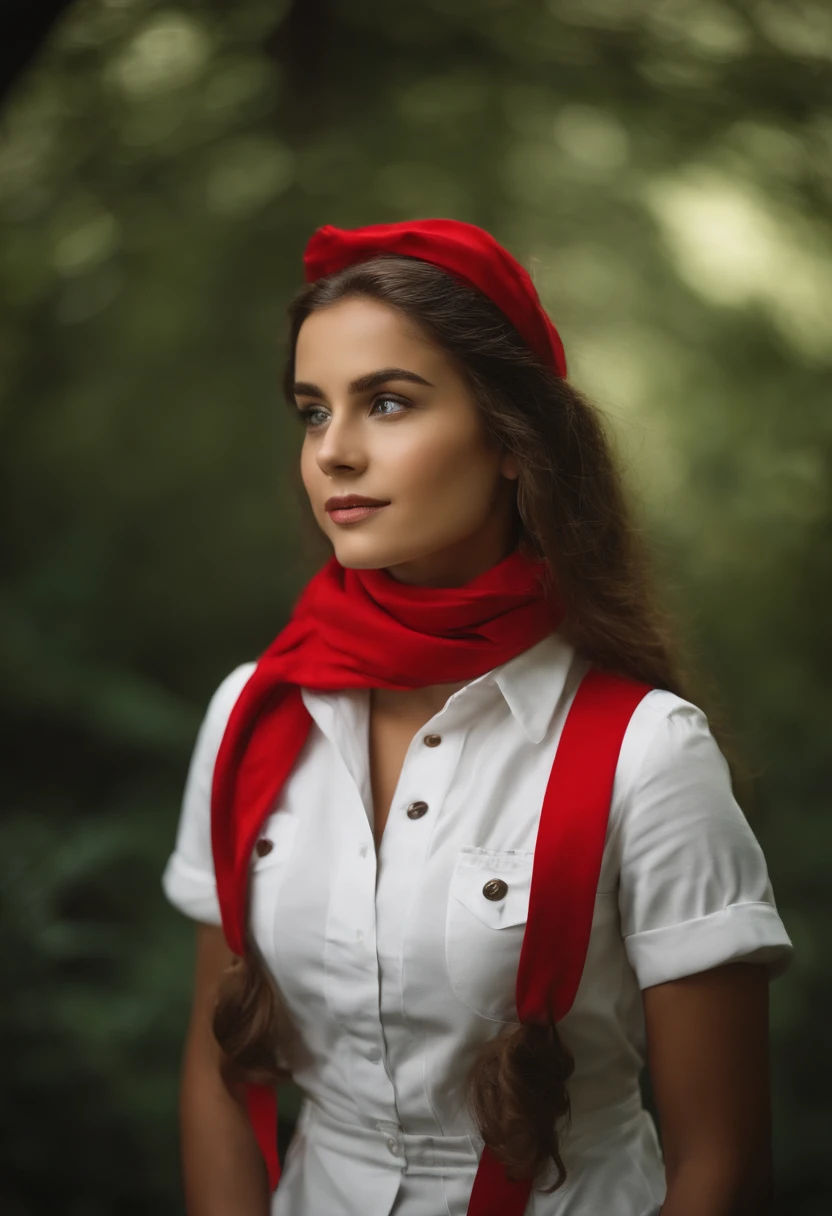 mulher com uniforme de marinheiro em frente a uma floresta, Retrato no meio da foto, retrato frontal, de cabelo preto, retrato detalhada, meninando roupa da marinha, red scarf, estilo pixar, melhor qualidade,