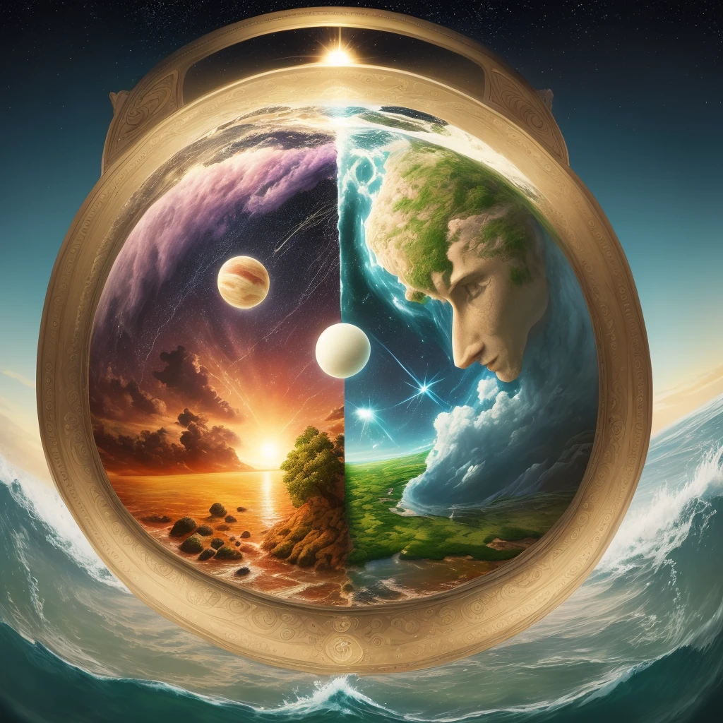 Create an image that represents the creation of the world, inspired by the Book of Genesis, Chapter 1, highlighting the elements described in the narrative, such as light, the firmament, the waters, the separation between water and land, plants, animals and, finally , man in the image of God."