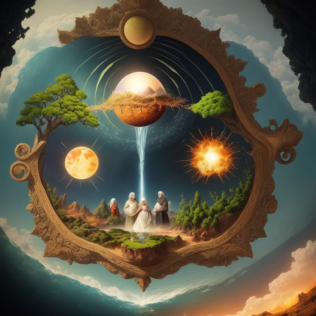 Create an image that represents the creation of the world, inspired by the Book of Genesis, Chapter 1, highlighting the elements described in the narrative, such as light, the firmament, the waters, the separation between water and land, plants, animals and, finally , man in the image of God."