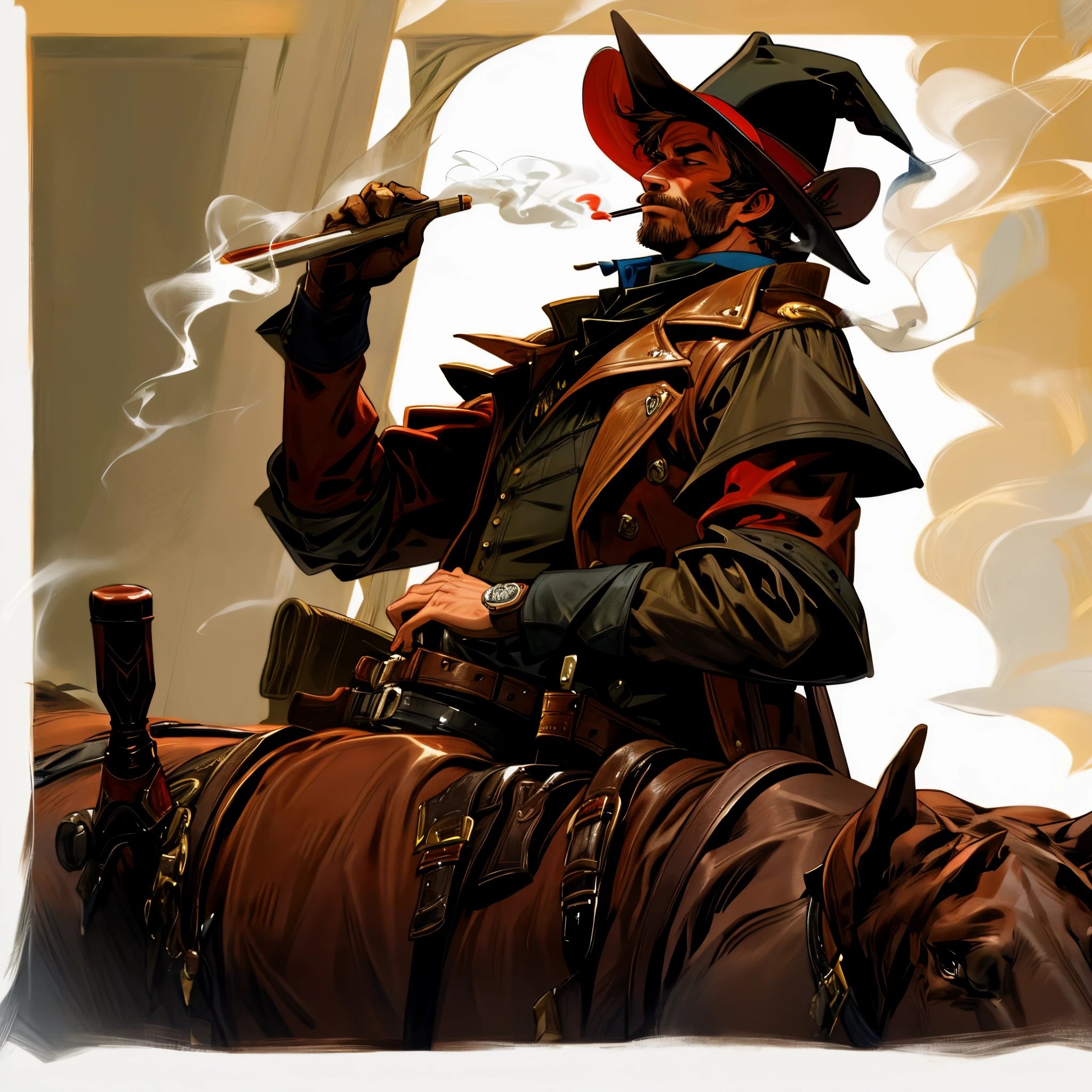 Cowboy fora da lei fumando charuto , Mustache and medium hair with silver revolver on the table with bad look,hd ultra realista,rosto detalhado,(HD) (Ultra realista) (4k) wearing gold rings with period clothes 1899 men's old west.