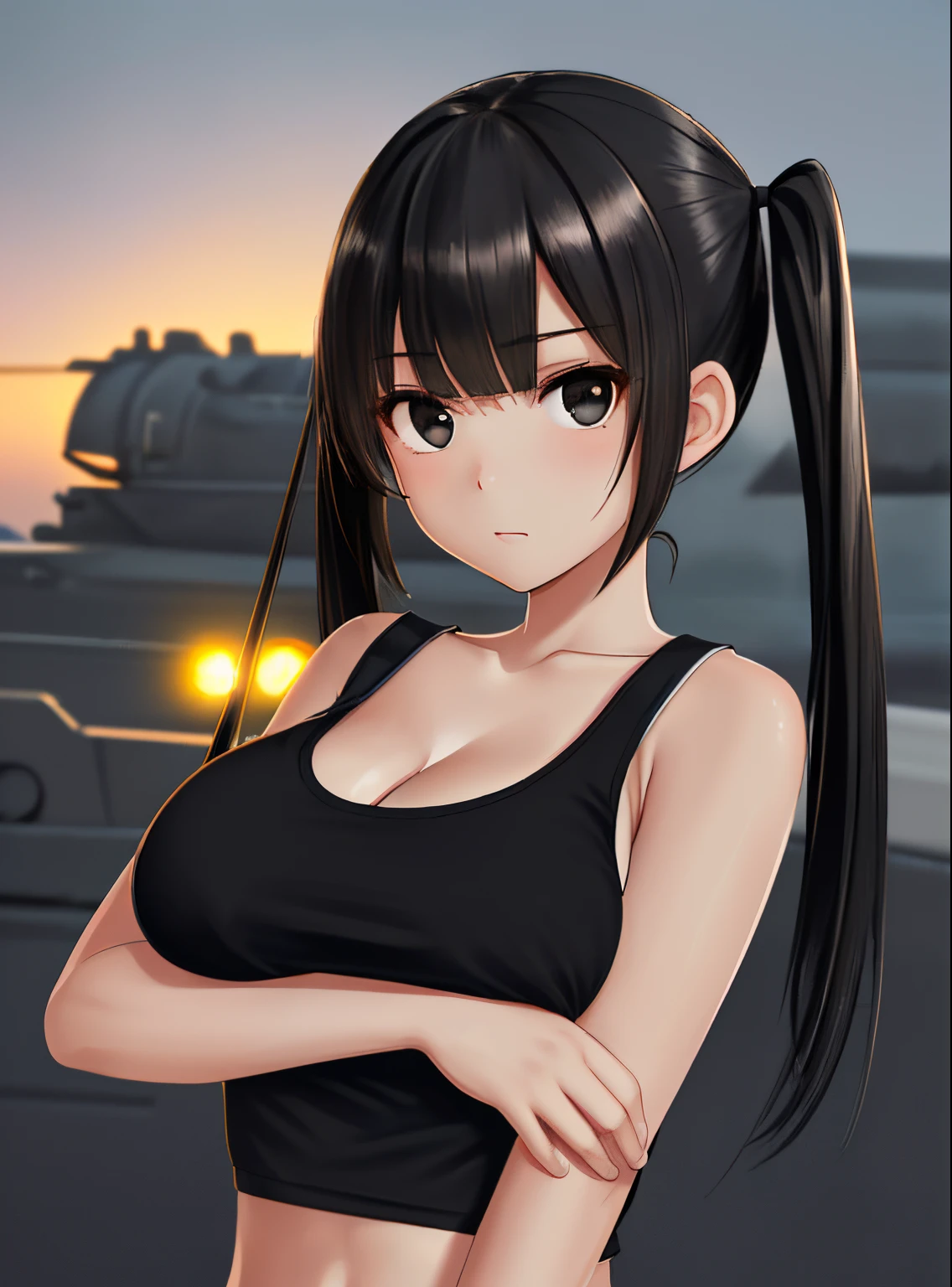 masterpiece, (best quality:1.4), detailed, girl, (solo), (black hair:1.2), (twintail medium hair:1.3), (sidelocks:1.1), (bangs:1.1), (large breast:1.3), ribbon, (black eyes:1.2), (bitchy:1.2), upper body, (tank top:1.0), (hot tank top:1.2), (looking at viewer:1.2), sexy, detailed eyes, detailed hair, highres, outdoor, sky, (lighting:1.2), high details