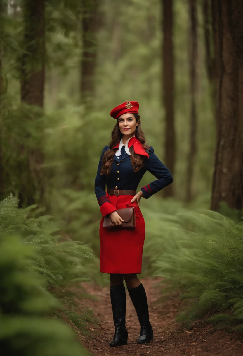 mulher com uniforme de marinheiro em frente a uma floresta, Retrato no meio da foto, retrato frontal, menina de cabelo preto, retrato detalhada, menina vestindo roupa da marinha, red scarf, estilo pixar, melhor qualidade, 3d,