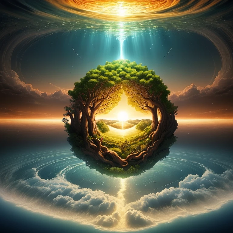 Create an image that represents the creation of the world, inspired by the book of Genesis, Chapter 1, destacando os elementos descritos na narrativa, como a luz, O Firmamento, The waters, the separation between water and land, vegetation, animais e, finalmente , man in the image of God."