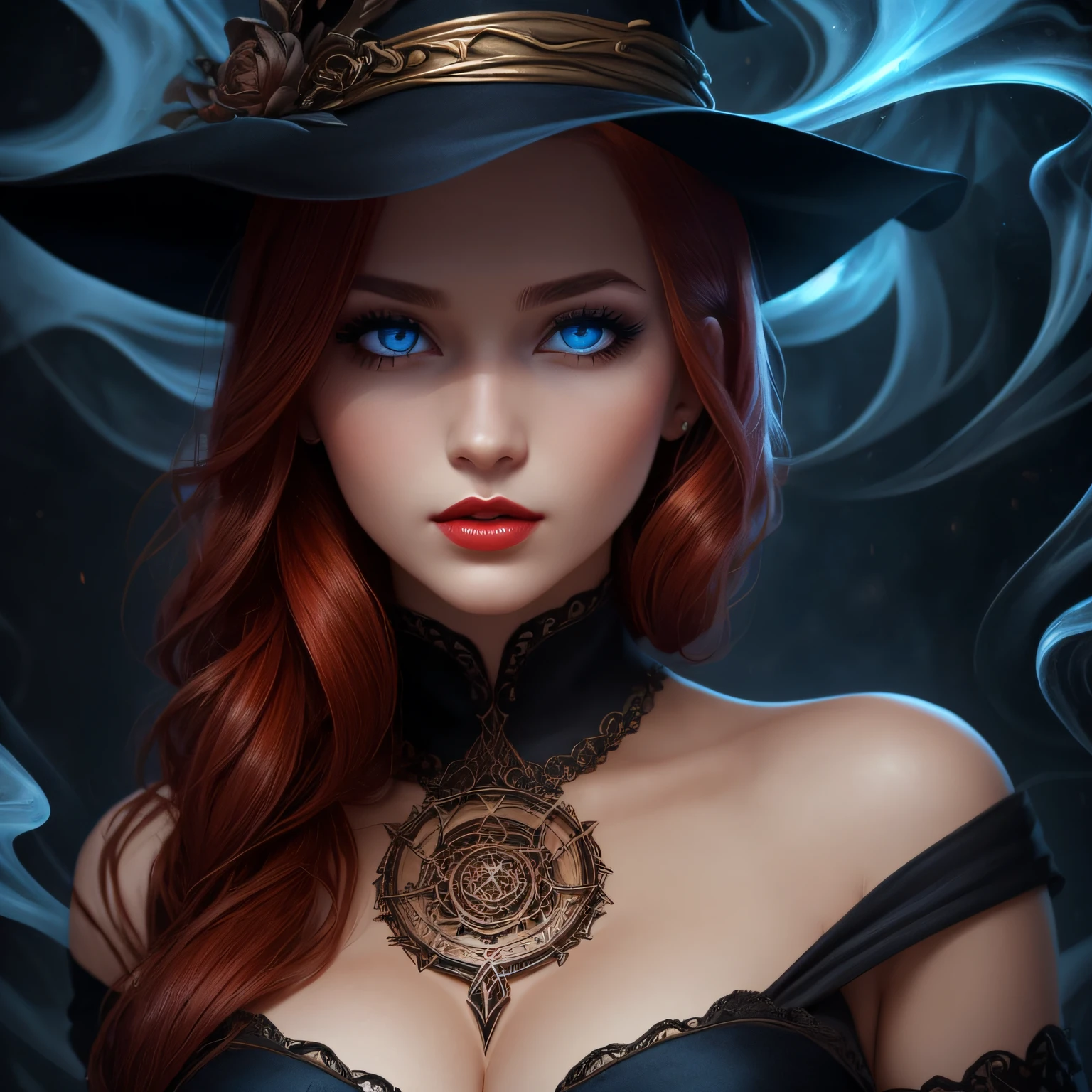1girl, (witchcore, witchcraft, pagan, mystical, nature, occult), close up, beautiful, sophisticated 30-year-old redhead enchantress, hourglass figure, small breasts, silky black dress (bare shoulders), symmetrical, highly detailed face, long flowing hair, mesmerizing blue eyes, lush red lips, enticing, alluring, facing viewer, looking at viewer, Artgerm, blue smoke swirls around her, real, high detail, best quality