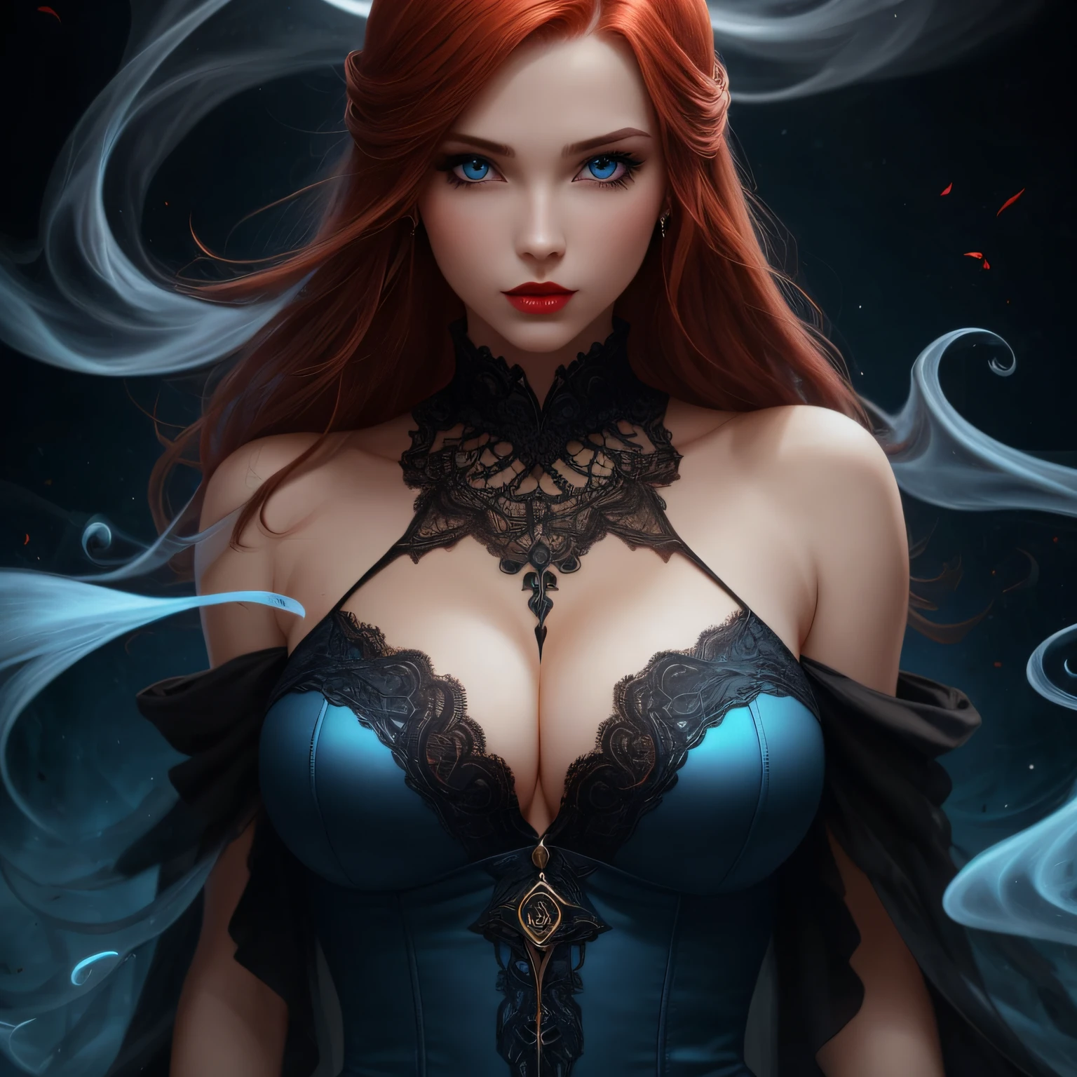 1girl, (witchcore, witchcraft, pagan, mystical, nature, occult), close up, beautiful, sophisticated 30-year-old redhead enchantress, hourglass figure, small breasts, silky black dress (bare shoulders), symmetrical, highly detailed face, long flowing hair, mesmerizing blue eyes, lush red lips, enticing, alluring, facing viewer, looking at viewer, Artgerm, blue smoke swirls around her, real, high detail, best quality