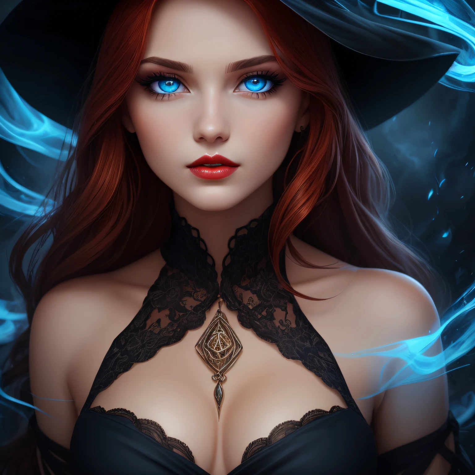 1girl, (witchcore, witchcraft, pagan, mystical, nature, occult), close up, beautiful, sophisticated 30-year-old redhead enchantress, hourglass figure, small breasts, silky black dress (bare shoulders), symmetrical, highly detailed face, long flowing hair, mesmerizing blue eyes, lush red lips, enticing, alluring, facing viewer, looking at viewer, Artgerm, blue smoke swirls around her, real, high detail, best quality