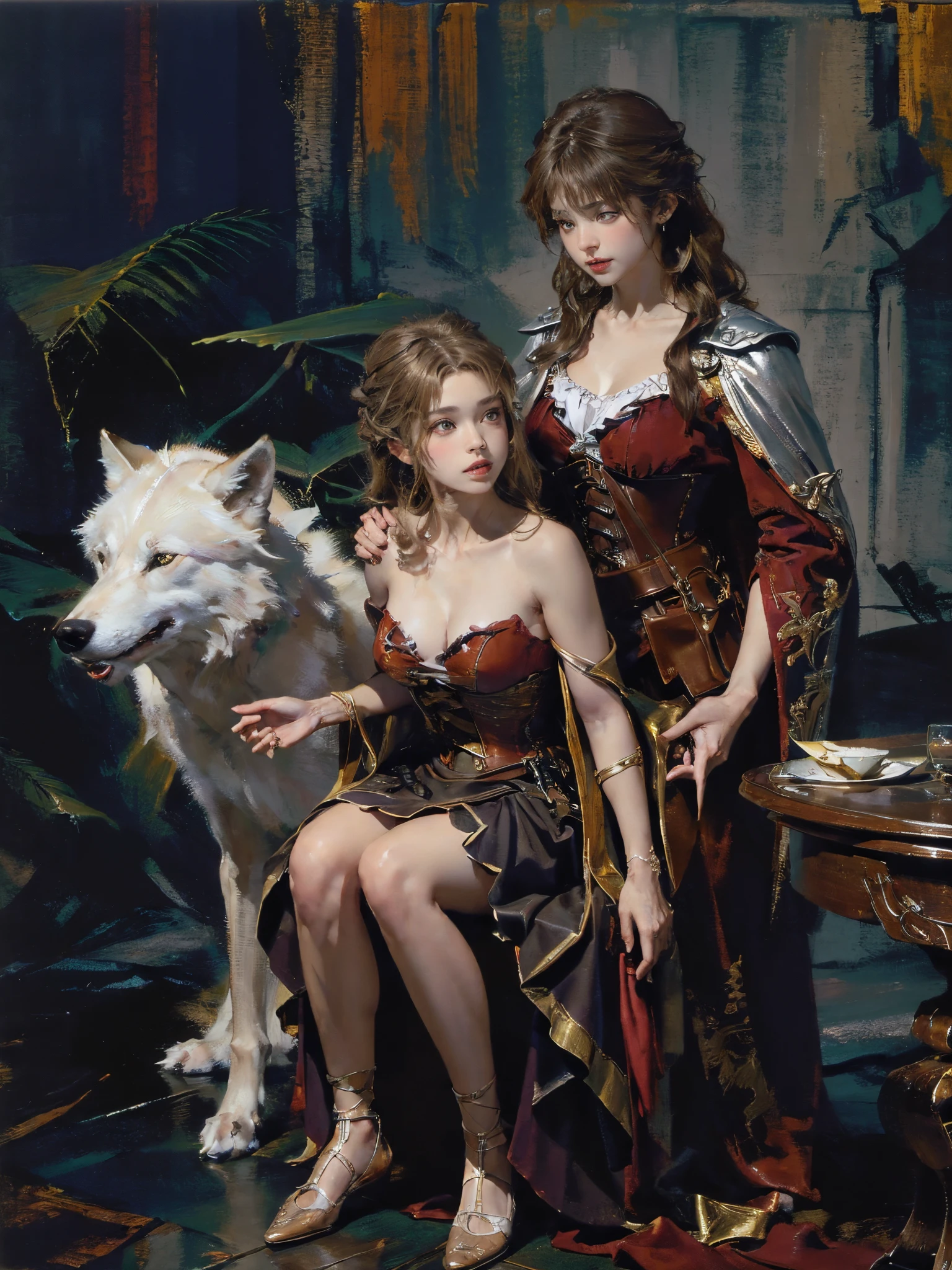 Depicting a Huntress&#39; Encounter with the wolf，((()))，(((white wolf)))，(((The wolf is as big as a man))),Quiet and harmonious atmosphere，(Clothes are tattered and exposed :1.4)，(((Light brown hair)))，(((blond hairbl)))，(((silber hair)))，(full-body portraits:1.5), Dramatic composition，warm color palette，  ((five perfect and beautiful fingers)), ((Only two arms)), (Elegant and luxurious accessories:1.3),  (Anatomically correct limbs and physique:1.4)，(Exquisite, round and symmetrical eyes), A detailed的the face, ((Girls wear：redhood, capes, Big breasts corset, a skirt, reddress，laced dress，Carrying a basket of fruit))，((Men wear：Armored shoulder blades, buck teeth, curled horns, carrying a rifle，Rifle hanging from waist))，((Background with：Outside the cabin，natural  lightting,))， ((Background with：Outside the candy house，a fairy world))，((Background with：the dark forest))，((Background with：tropical jungle))，hyper realisitc, + Cinema lenses + dynamic combination，Epic reality, ((com cores neutras)),((Less skin exposure)), (post impressionist),(Fechin Oil Painting - Fechin Oil Painting , oil painted), 02