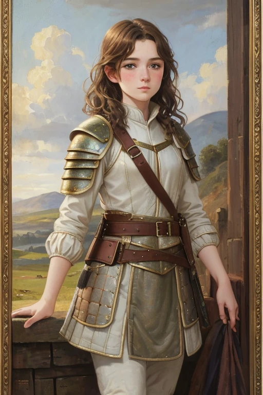 Beautiful girl, short wavy brown hair, rough pale skin, freckles. Goddess, padded armor, cloth armor, baggy shirt, baggy jacket, gambeson, quilted armor, blushing, best quality, oil painting, painting, classical painting